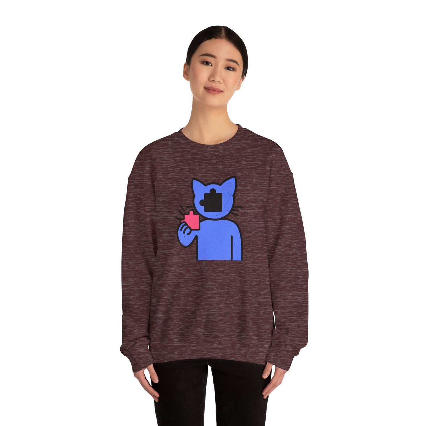 Cat Puzzle Piece Sweatshirt – Distressed Graphic Crewneck – Cozy Unisex Fleece for Life’s Puzzle Lovers