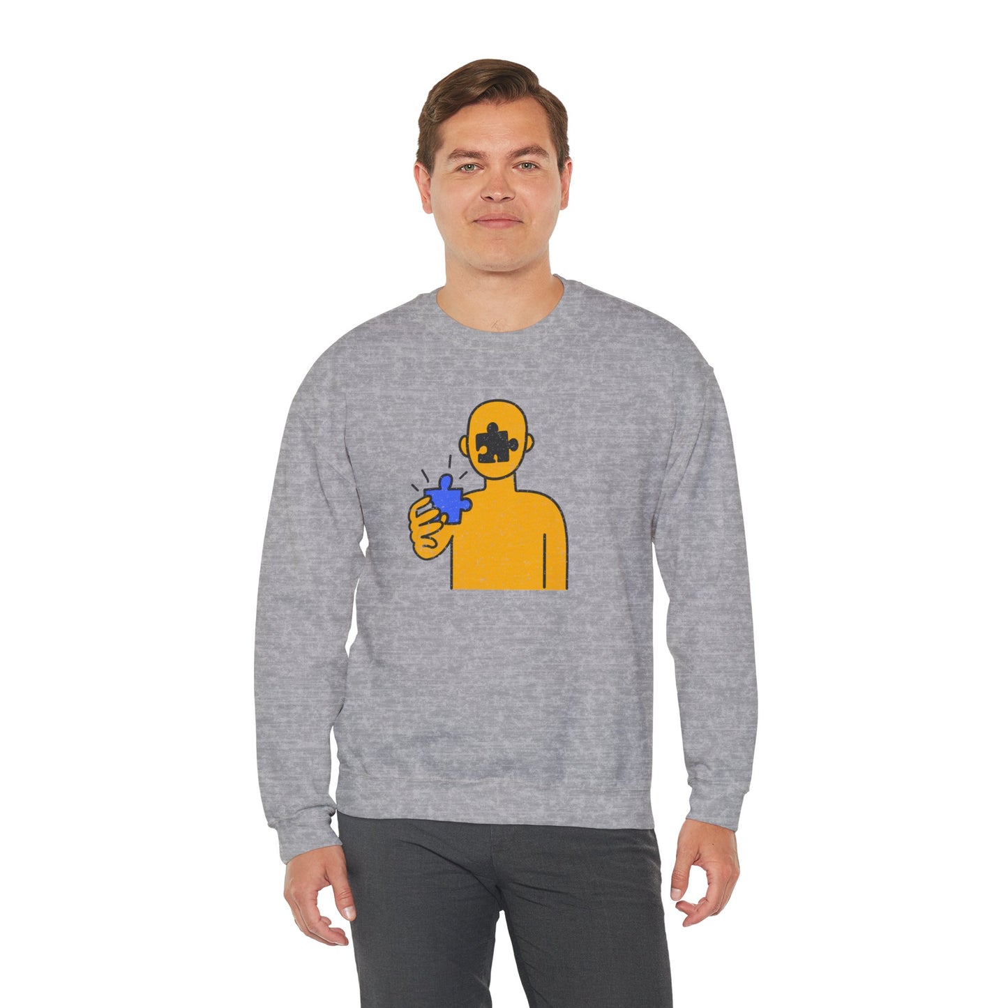 Distressed Crewneck Sweatshirt – Thoughtful Puzzle Piece Design with Human Theme