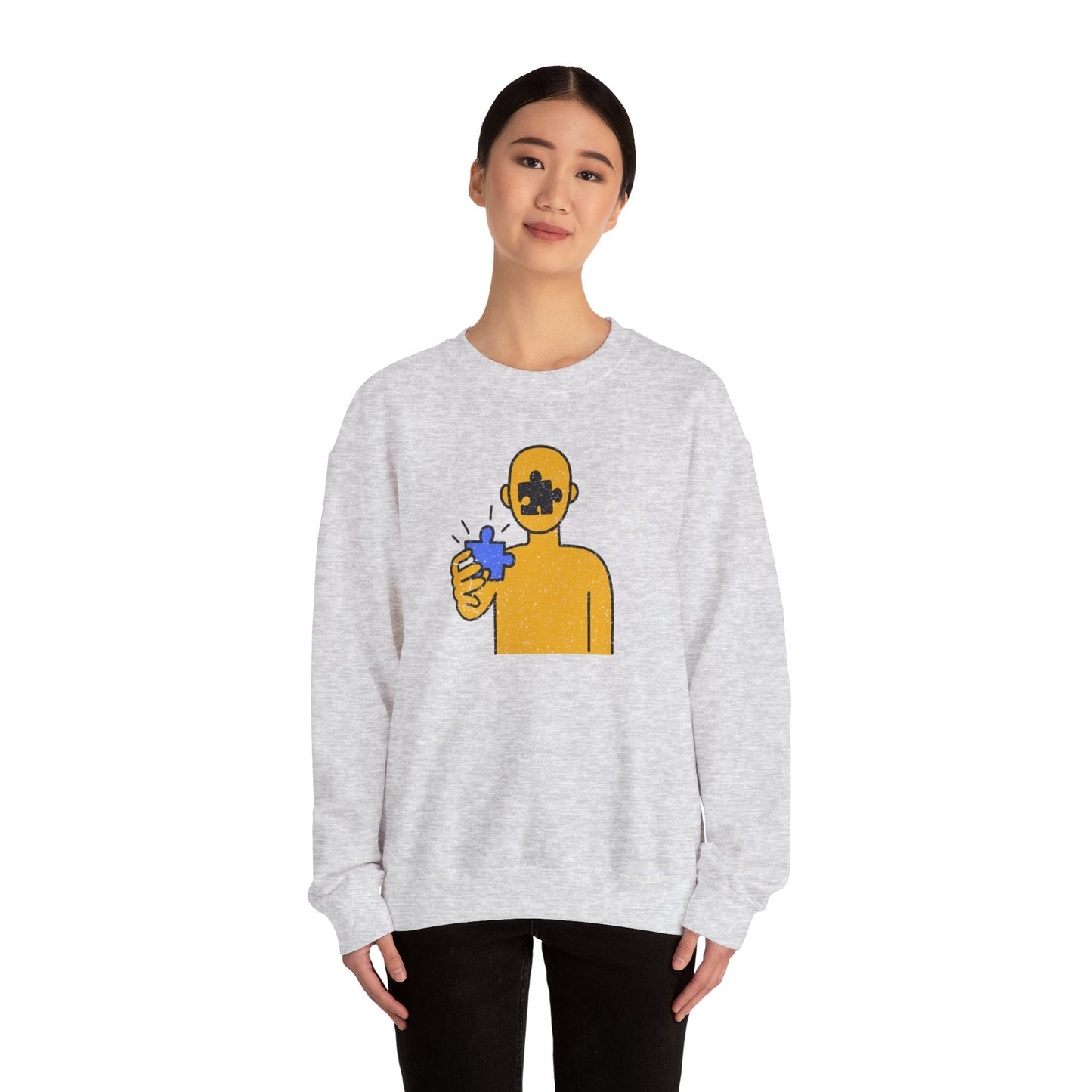 Distressed Crewneck Sweatshirt – Thoughtful Puzzle Piece Design with Human Theme