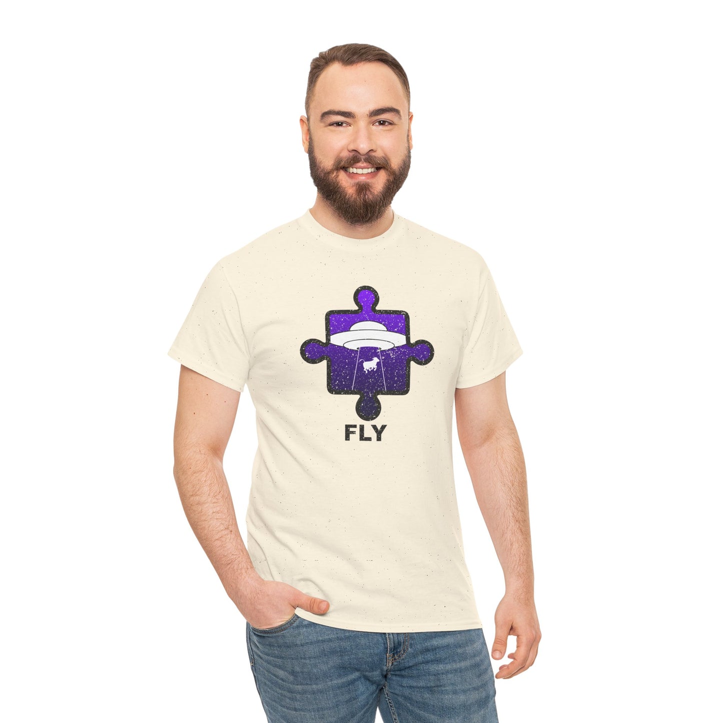 UFO Cow Abduction T-Shirt – ‘Fly’ Puzzle Piece Graphic Tee – Unisex Heavy Cotton Shirt Distressed Design