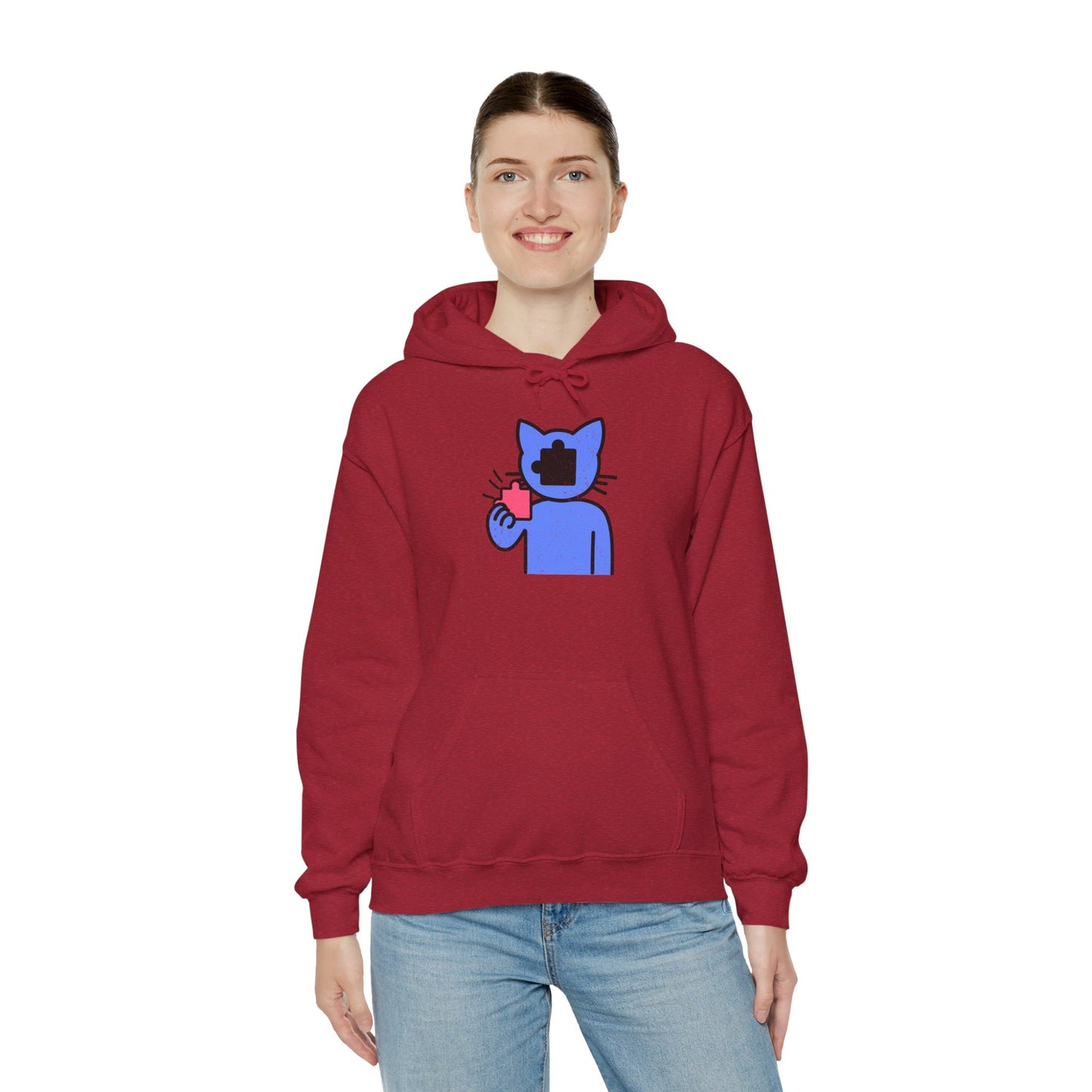 Cat Puzzle Piece Hoodie – Distressed Graphic Pullover – Cozy Unisex Hooded Sweatshirt for Puzzle Lovers
