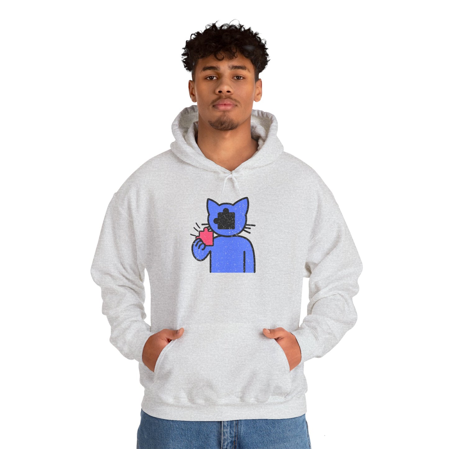 Cat Puzzle Piece Hoodie – Distressed Graphic Pullover – Cozy Unisex Hooded Sweatshirt for Puzzle Lovers