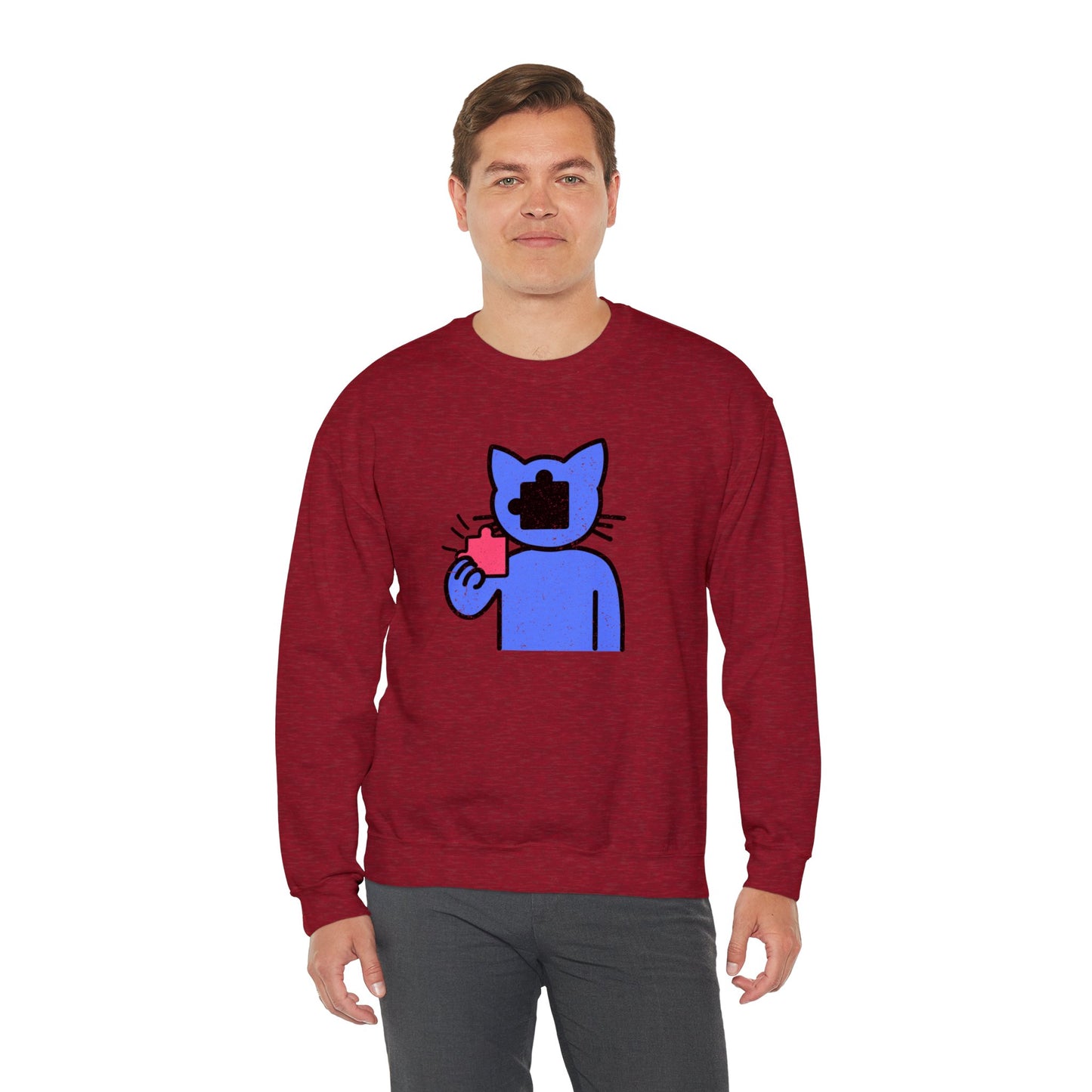 Cat Puzzle Piece Sweatshirt – Distressed Graphic Crewneck – Cozy Unisex Fleece for Life’s Puzzle Lovers