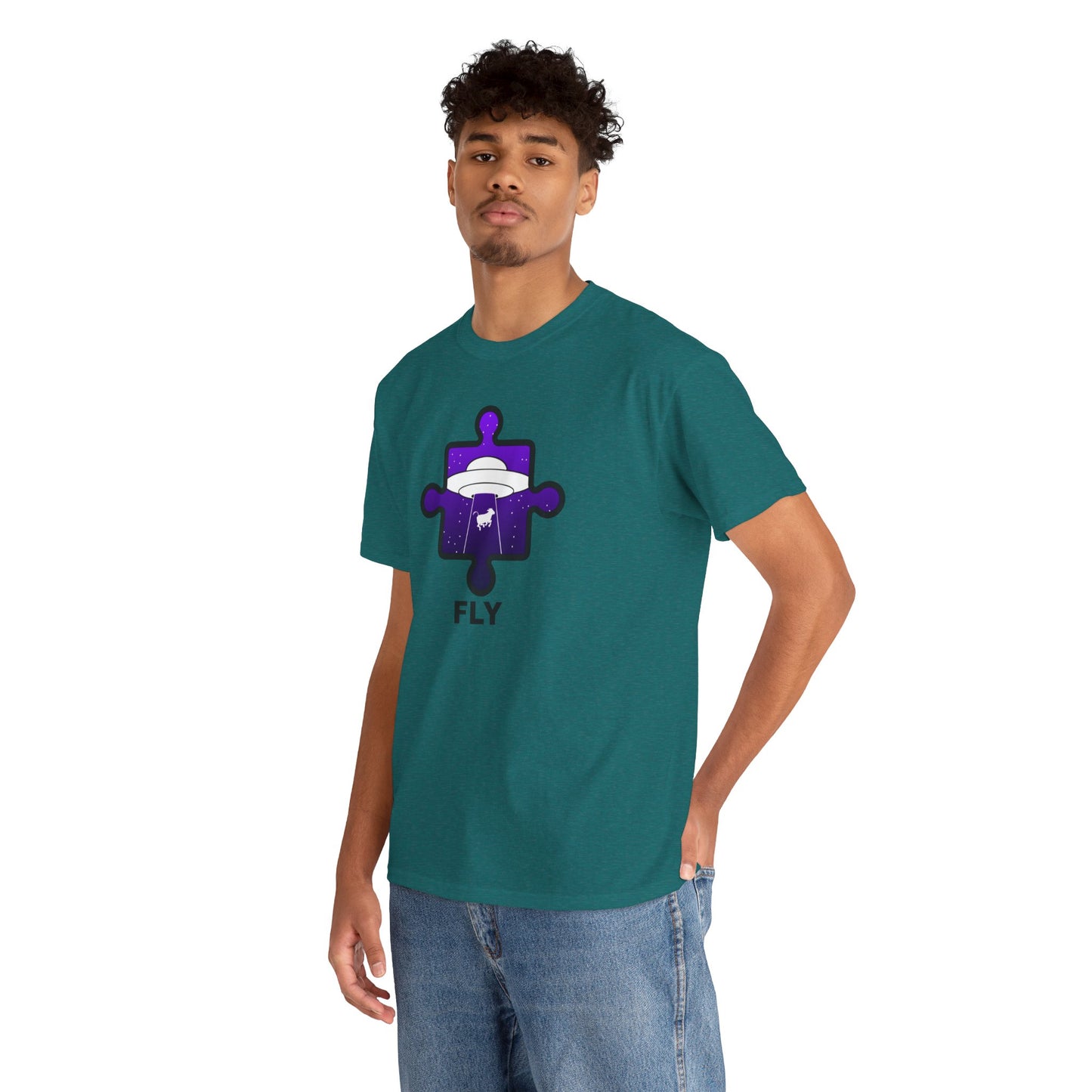 UFO Cow Abduction Puzzle Piece T-Shirt – ‘Fly’ Graphic Tee – Non-Distressed Design