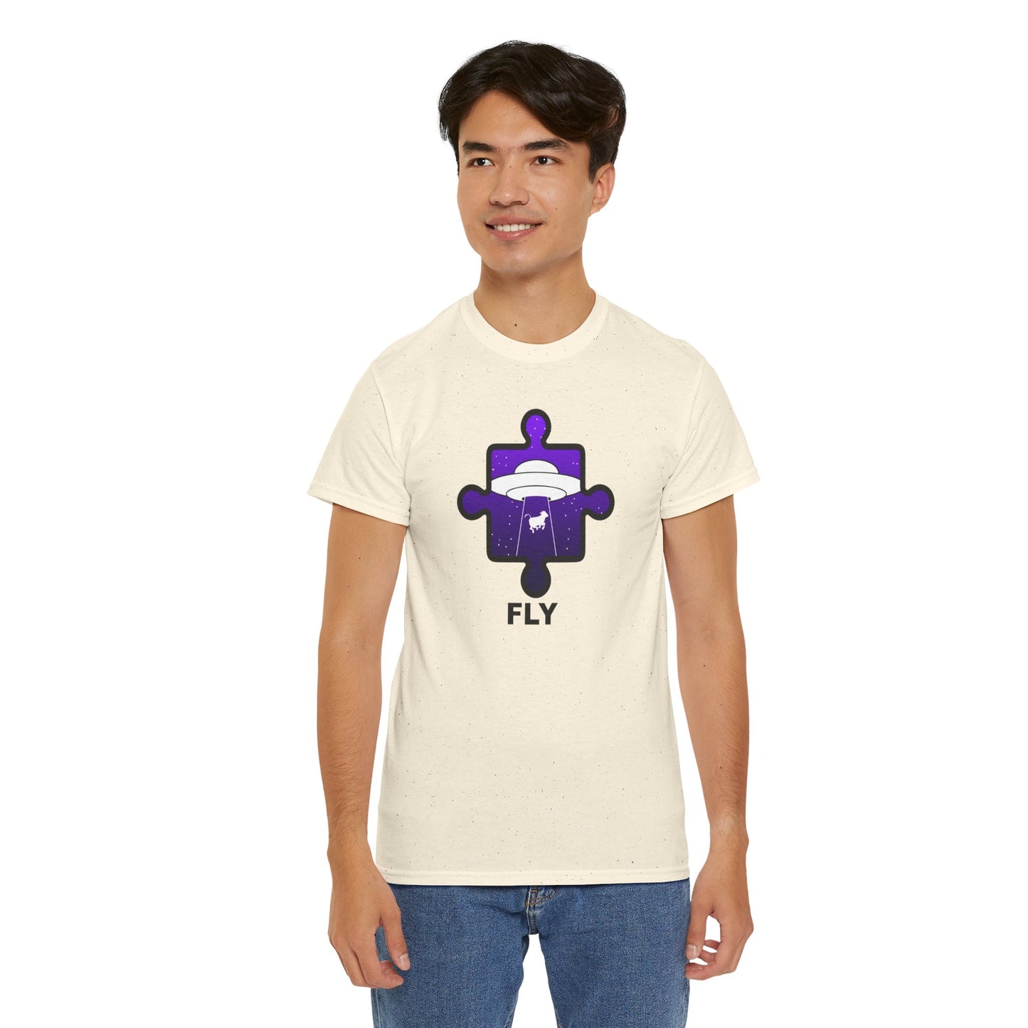 UFO Cow Abduction Puzzle Piece T-Shirt – ‘Fly’ Graphic Tee – Non-Distressed Design