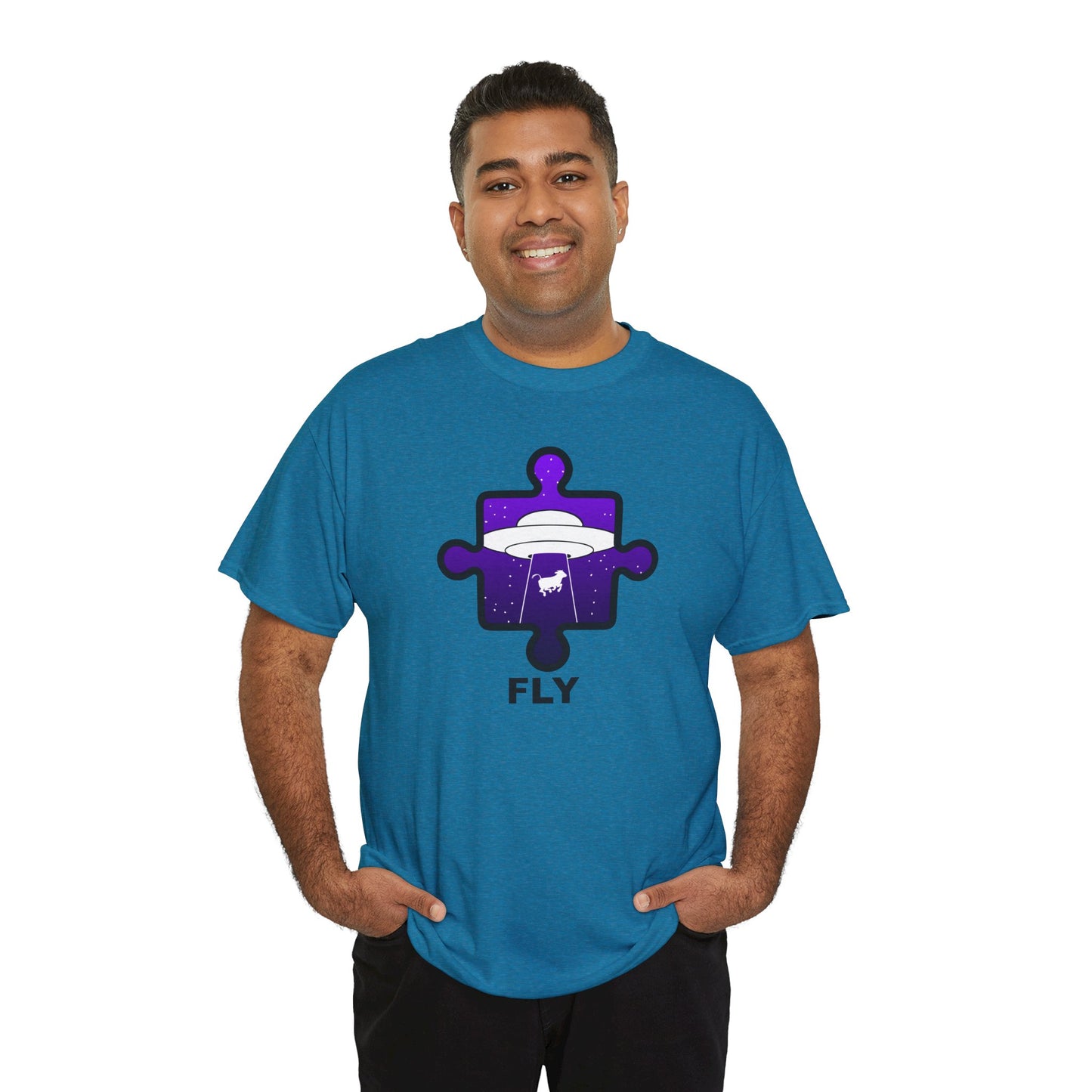 UFO Cow Abduction Puzzle Piece T-Shirt – ‘Fly’ Graphic Tee – Non-Distressed Design