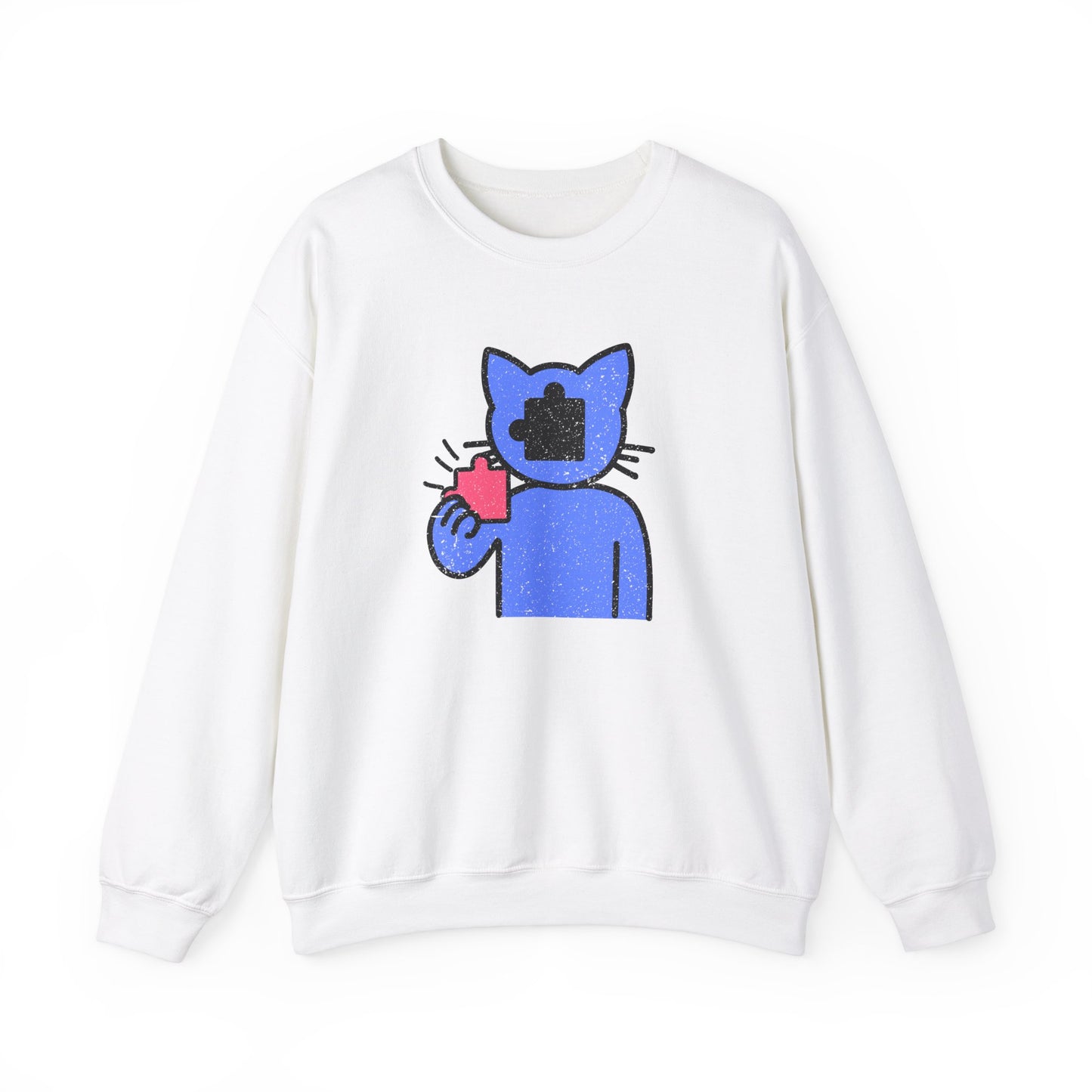 Cat Puzzle Piece Sweatshirt – Distressed Graphic Crewneck – Cozy Unisex Fleece for Life’s Puzzle Lovers