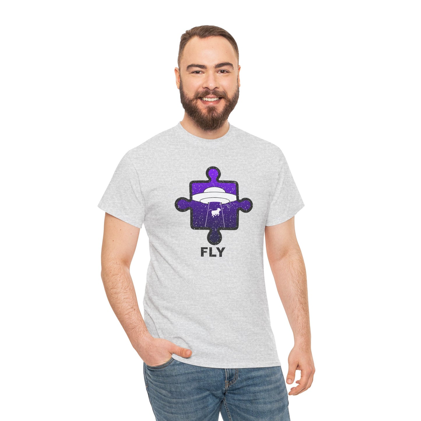 UFO Cow Abduction T-Shirt – ‘Fly’ Puzzle Piece Graphic Tee – Unisex Heavy Cotton Shirt Distressed Design