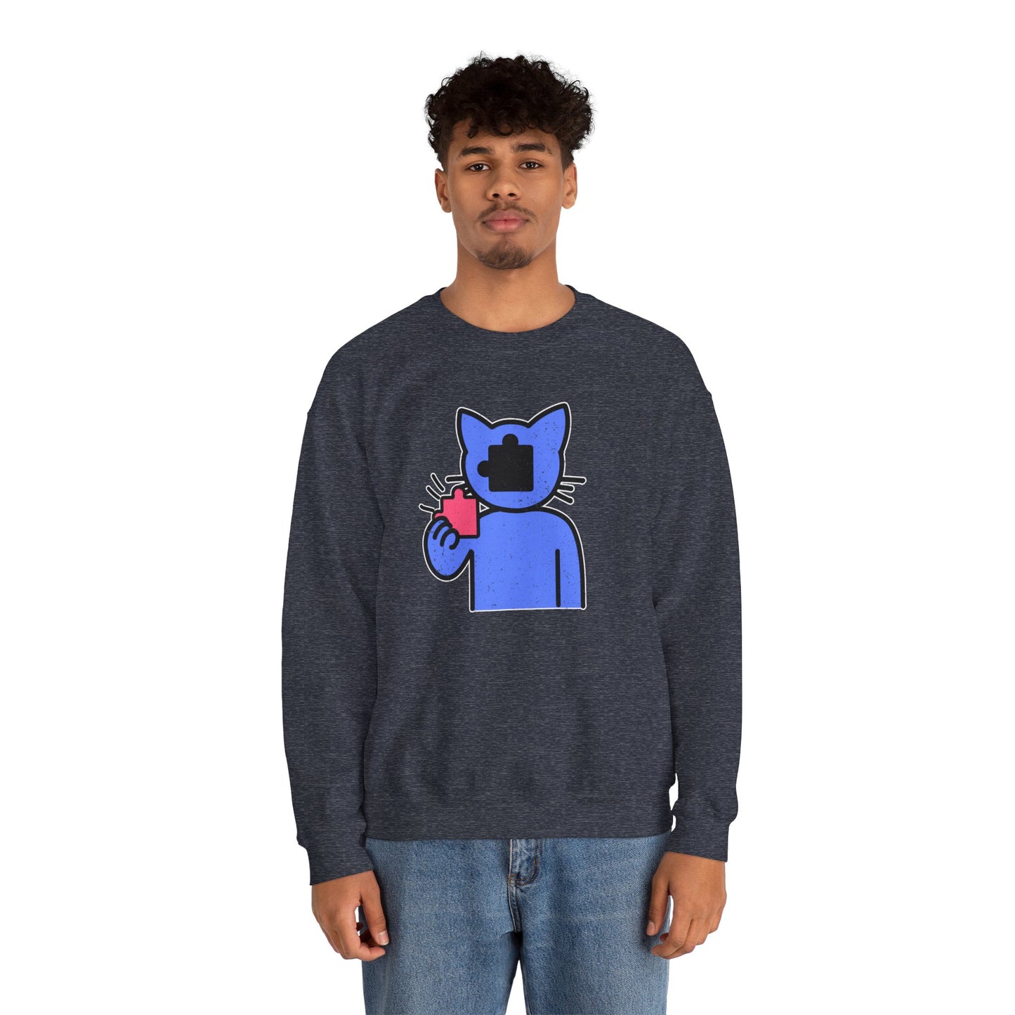 Cat Puzzle Piece Sweatshirt – Distressed Graphic Crewneck – Cozy Unisex Fleece for Life’s Puzzle Lovers