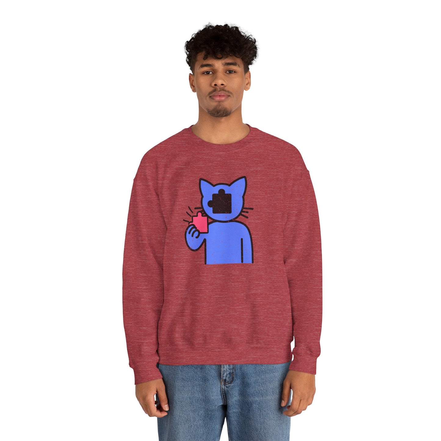 Cat Puzzle Piece Sweatshirt – Distressed Graphic Crewneck – Cozy Unisex Fleece for Life’s Puzzle Lovers
