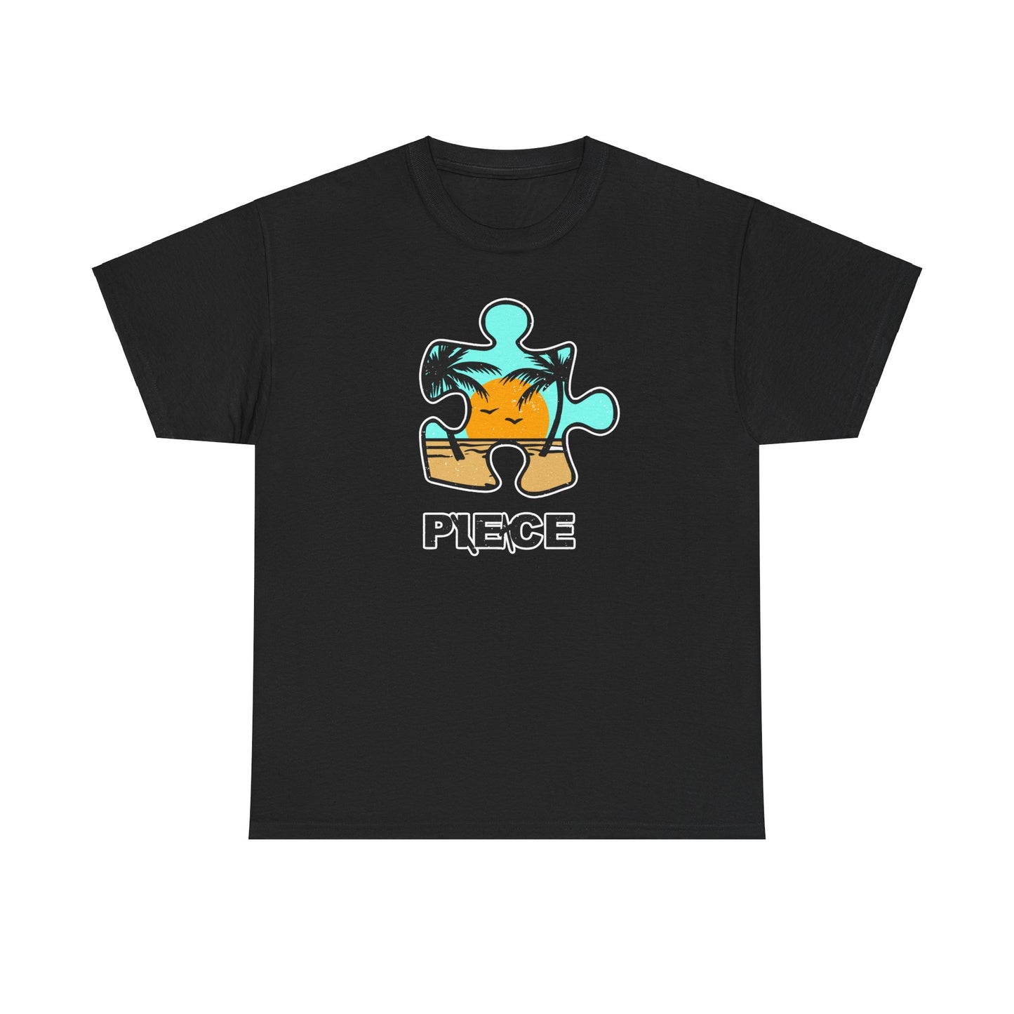 Peace Puzzle Piece T-Shirt – Distressed Beach Graphic Tee – Unisex Heavy Cotton Shirt for Tranquil Vibes