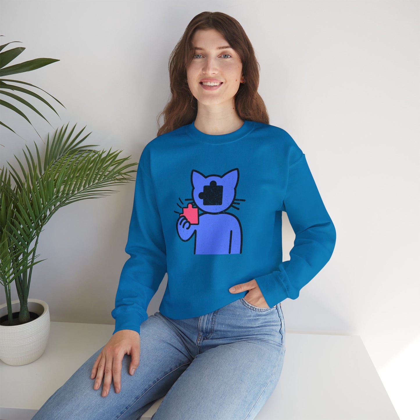 Cat Puzzle Piece Sweatshirt – Distressed Graphic Crewneck – Cozy Unisex Fleece for Life’s Puzzle Lovers