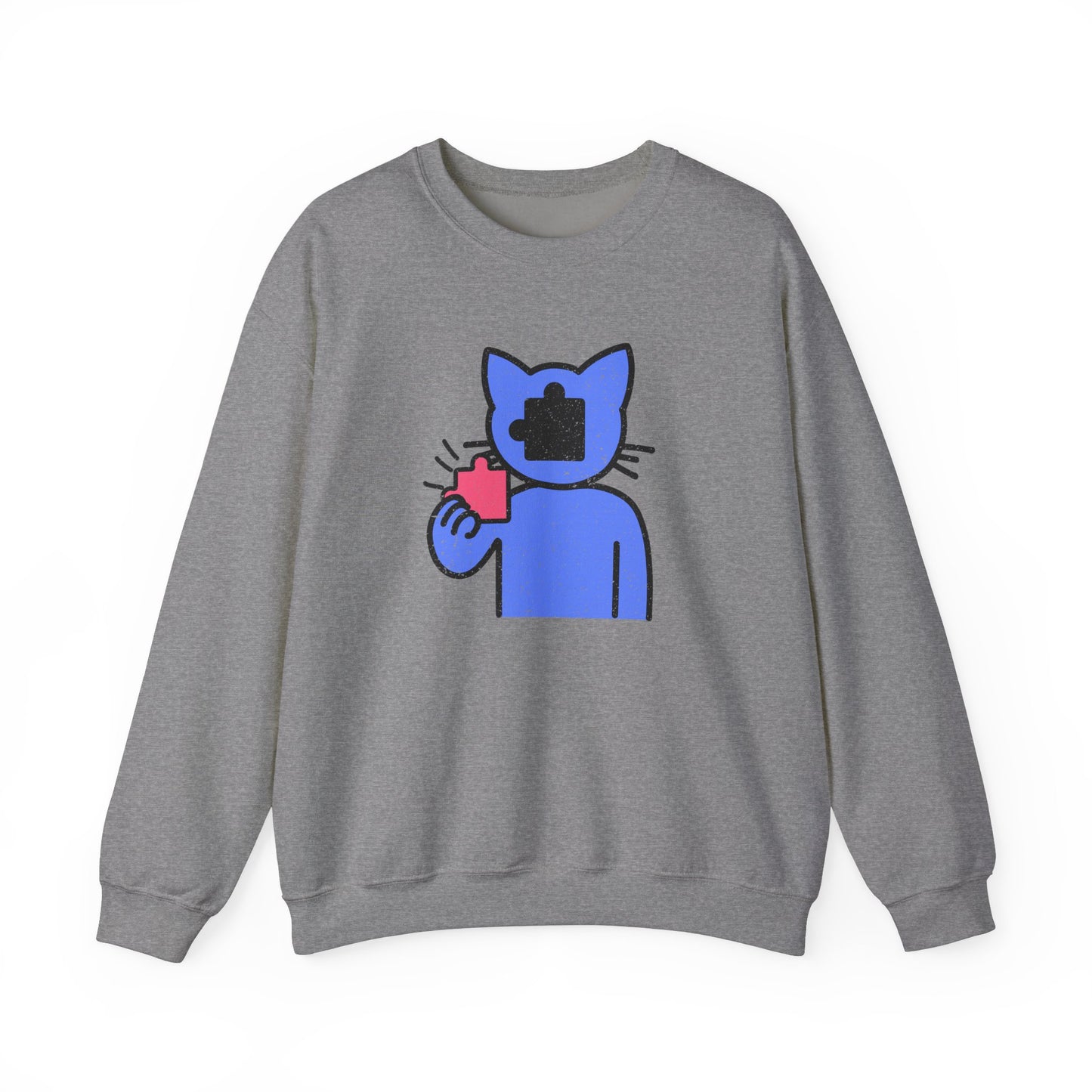 Cat Puzzle Piece Sweatshirt – Distressed Graphic Crewneck – Cozy Unisex Fleece for Life’s Puzzle Lovers