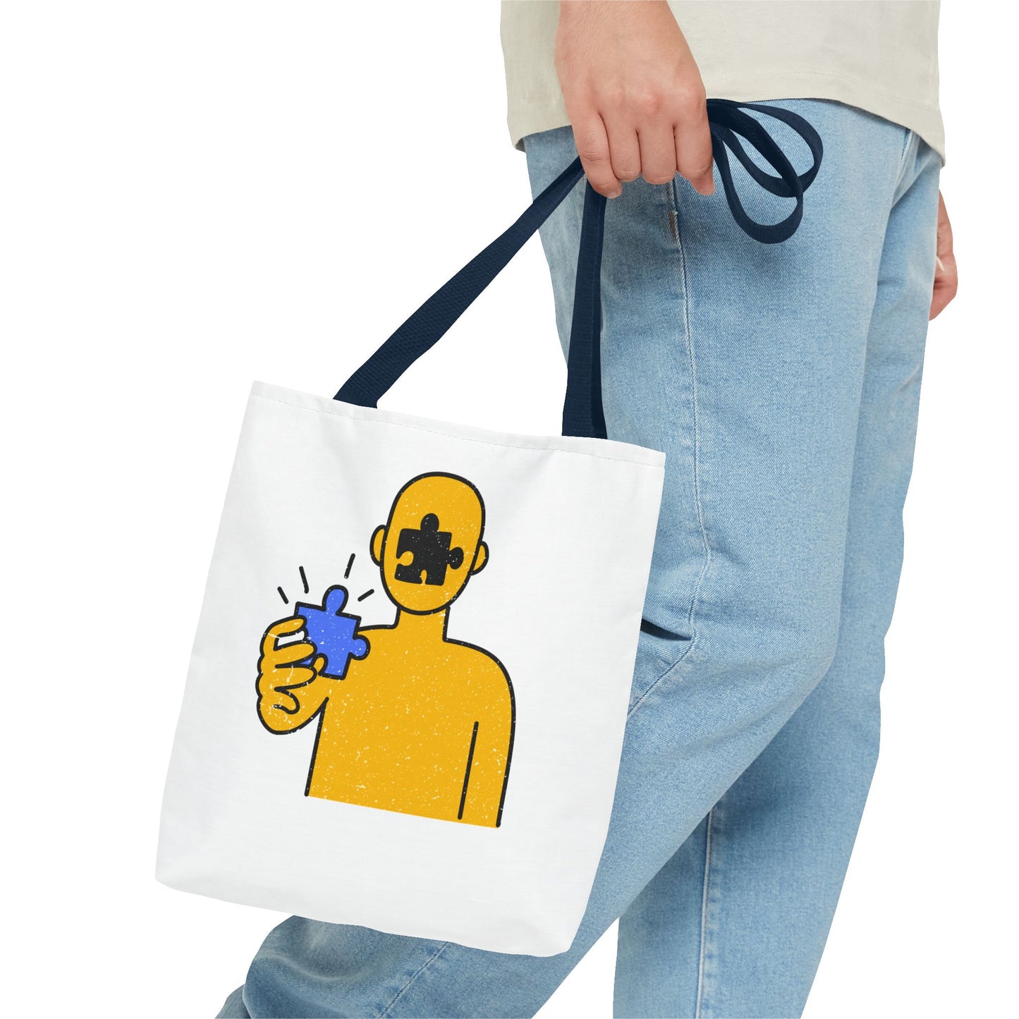 Distressed Tote Bag – Person & Beach Puzzle Piece Design with ‘Peace’ Theme