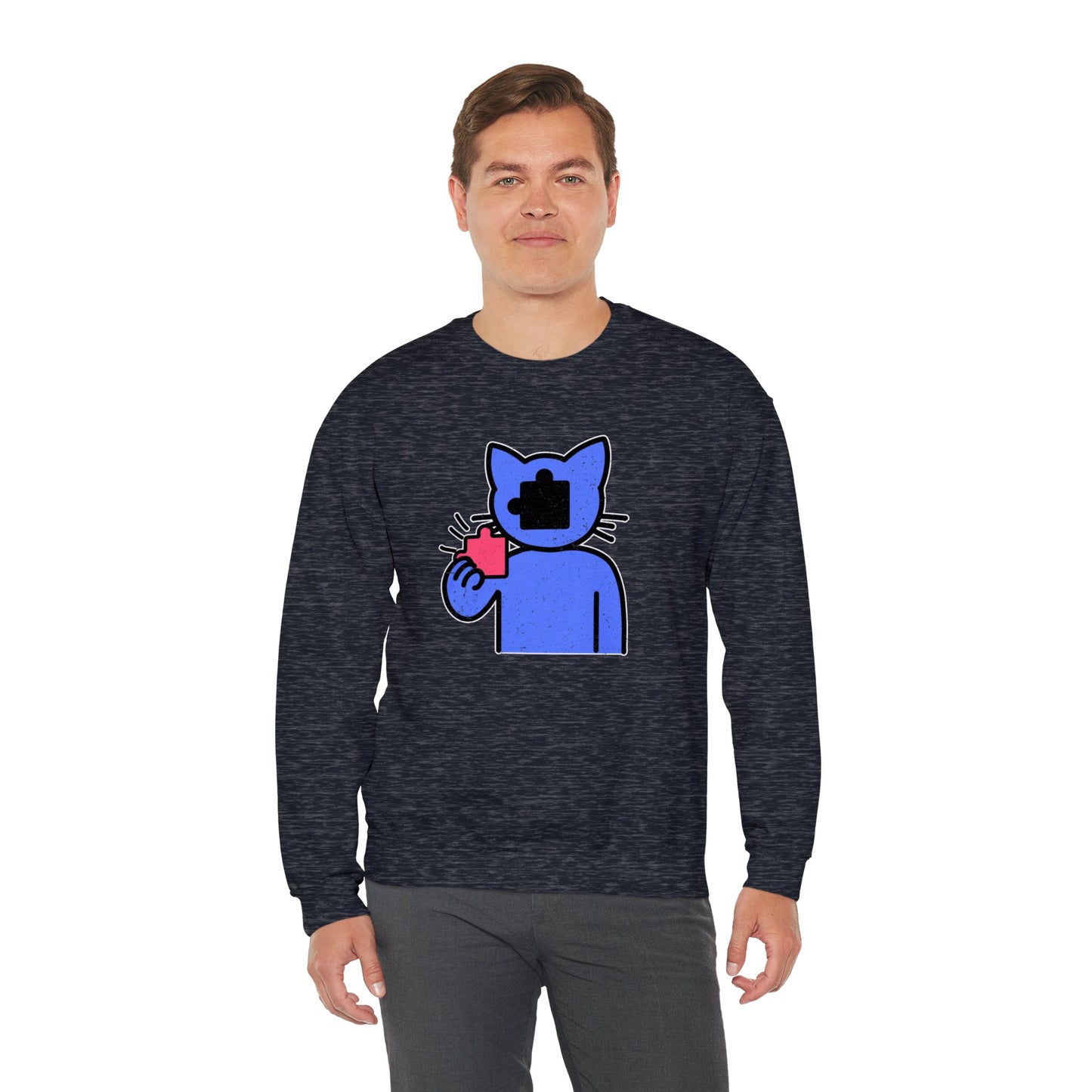 Cat Puzzle Piece Sweatshirt – Distressed Graphic Crewneck – Cozy Unisex Fleece for Life’s Puzzle Lovers