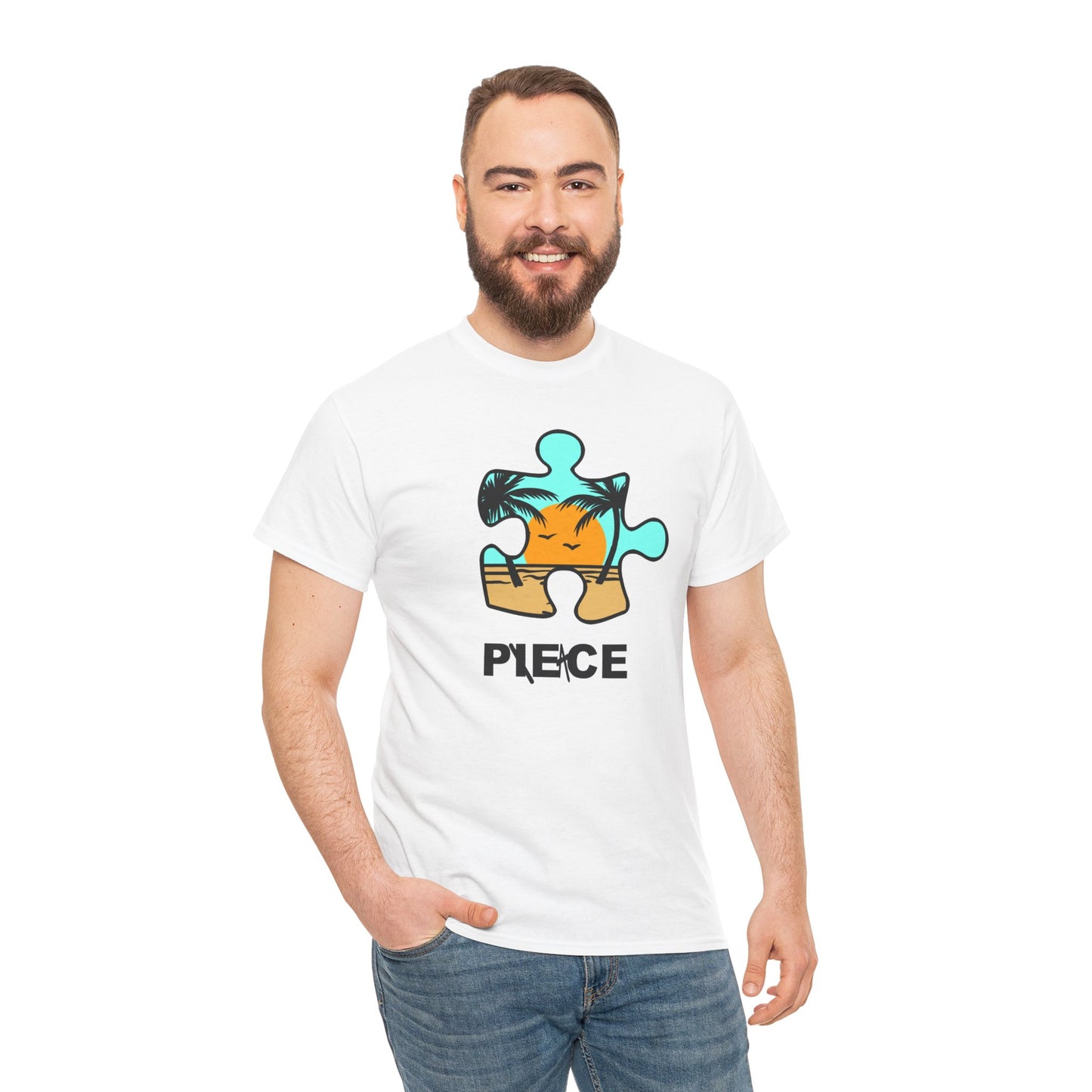 Peace Puzzle Piece T-Shirt – Clean Beach Graphic Tee – Unisex Heavy Cotton Shirt for Tranquil Vibes