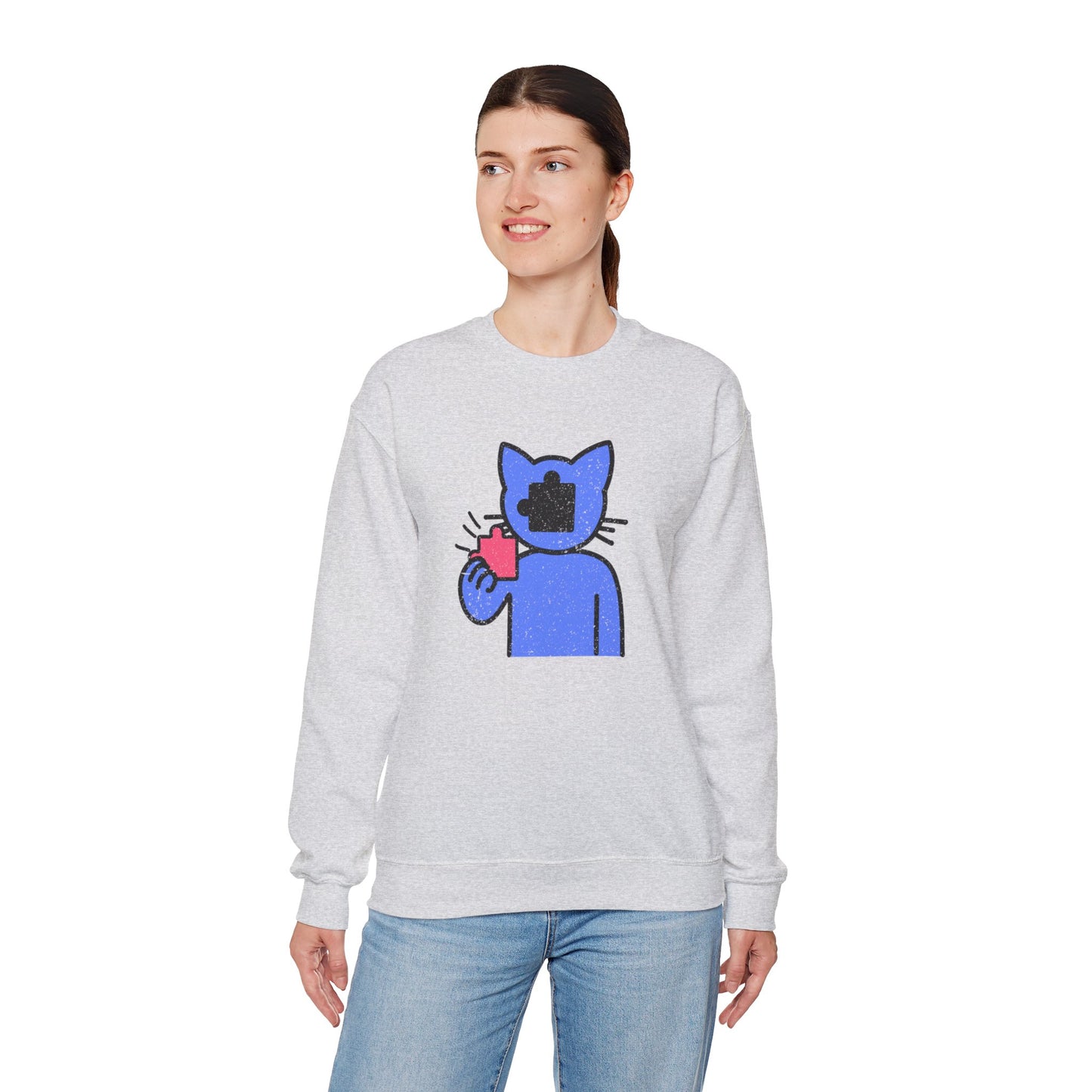 Cat Puzzle Piece Sweatshirt – Distressed Graphic Crewneck – Cozy Unisex Fleece for Life’s Puzzle Lovers