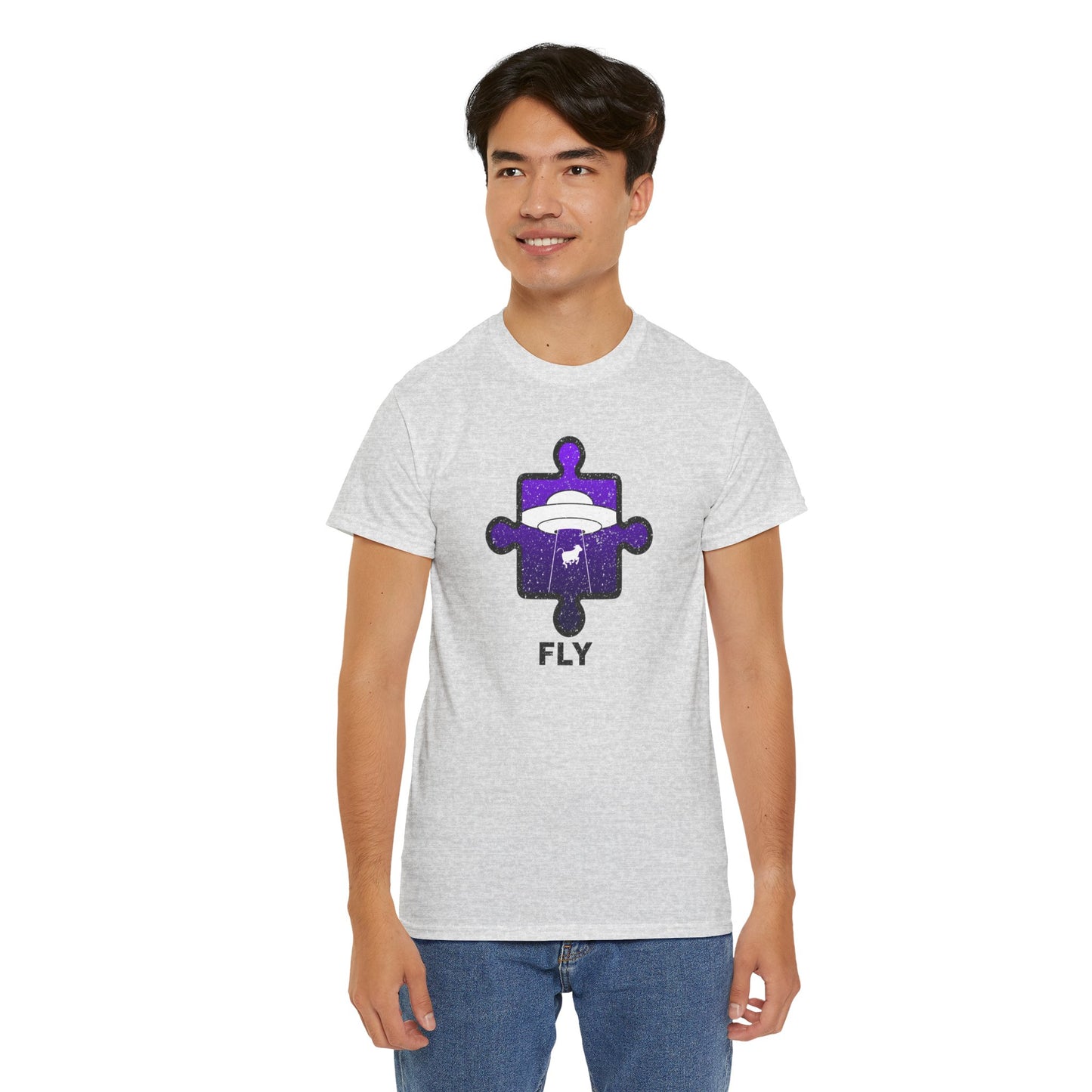 UFO Cow Abduction T-Shirt – ‘Fly’ Puzzle Piece Graphic Tee – Unisex Heavy Cotton Shirt Distressed Design