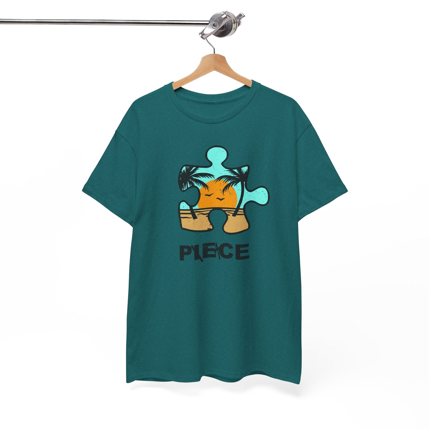 Peace Puzzle Piece T-Shirt – Distressed Beach Graphic Tee – Unisex Heavy Cotton Shirt for Tranquil Vibes