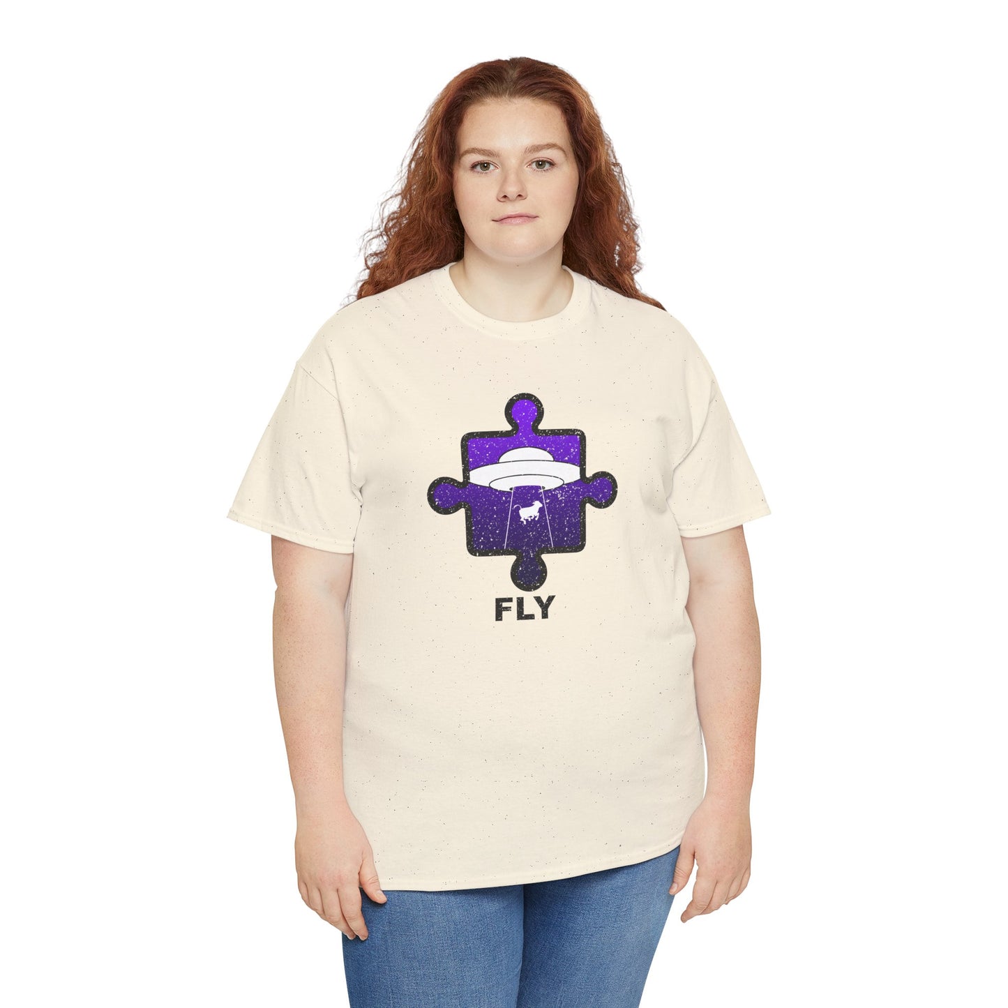 UFO Cow Abduction T-Shirt – ‘Fly’ Puzzle Piece Graphic Tee – Unisex Heavy Cotton Shirt Distressed Design