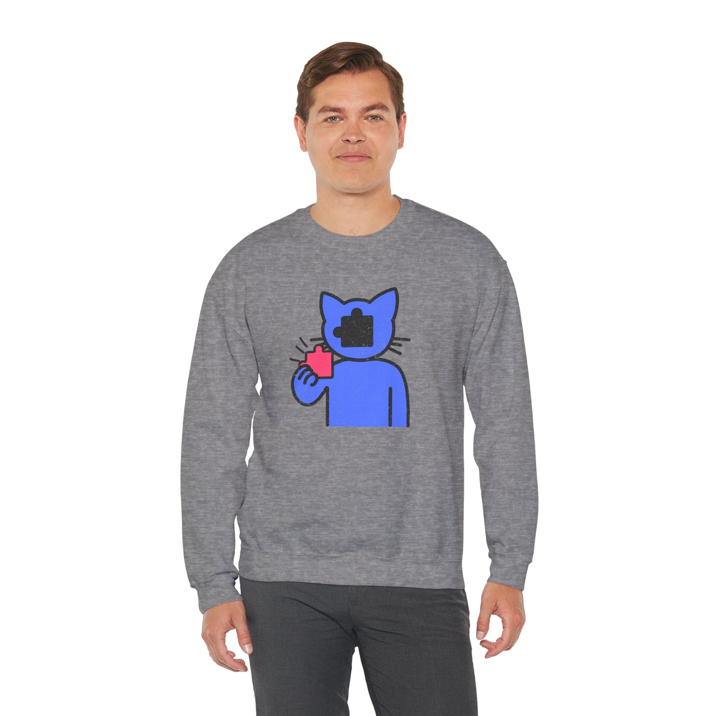 Cat Puzzle Piece Sweatshirt – Distressed Graphic Crewneck – Cozy Unisex Fleece for Life’s Puzzle Lovers