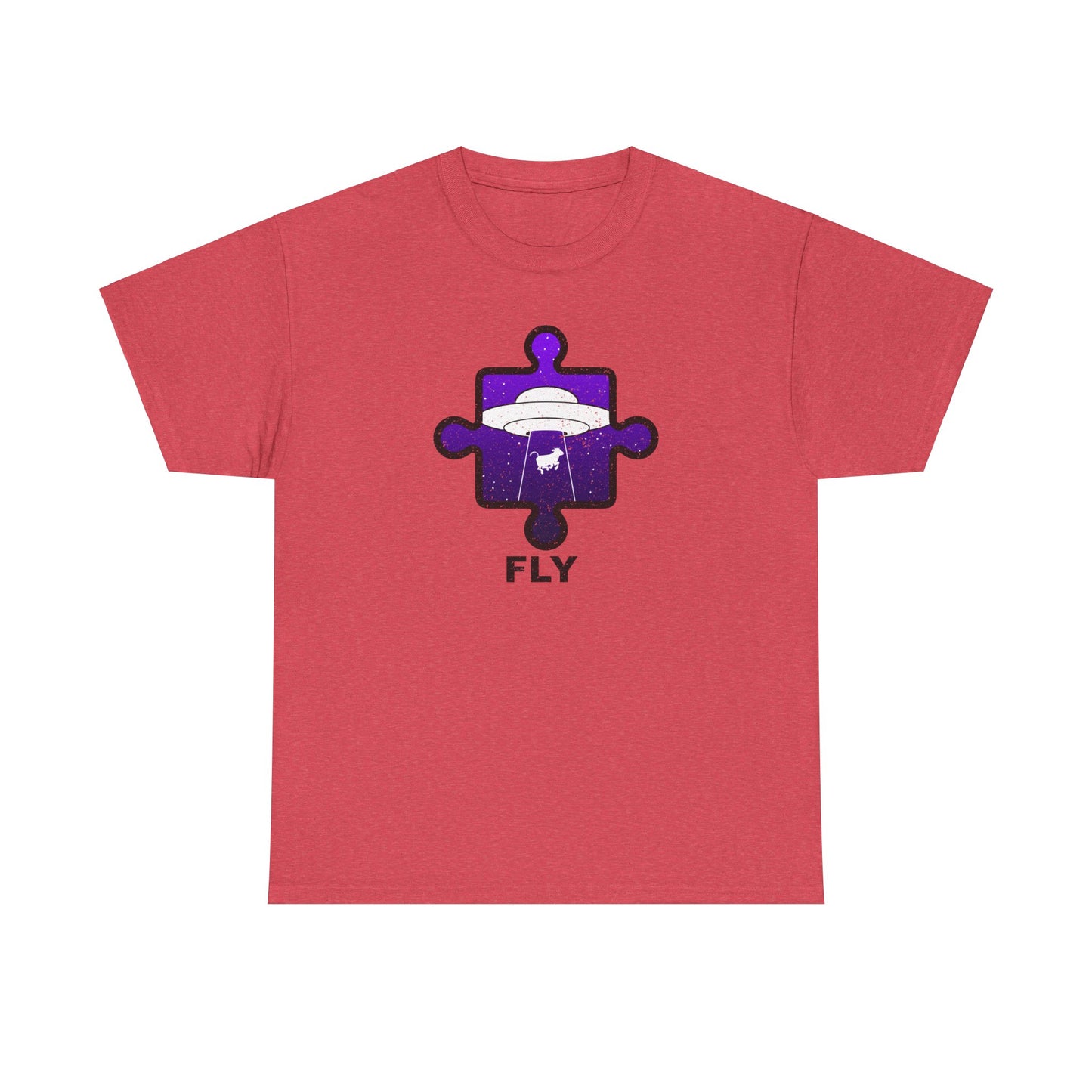 UFO Cow Abduction T-Shirt – ‘Fly’ Puzzle Piece Graphic Tee – Unisex Heavy Cotton Shirt Distressed Design