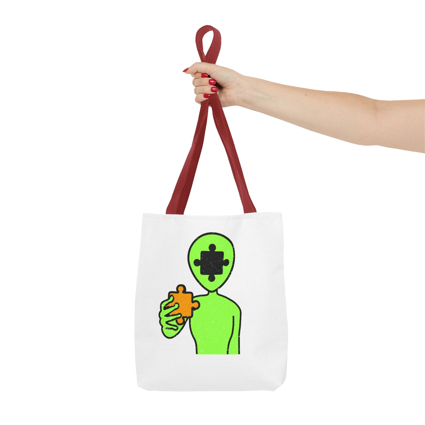 Distressed Tote Bag – Alien Puzzle Piece & Cow Abduction Design with ‘Fly’ Theme