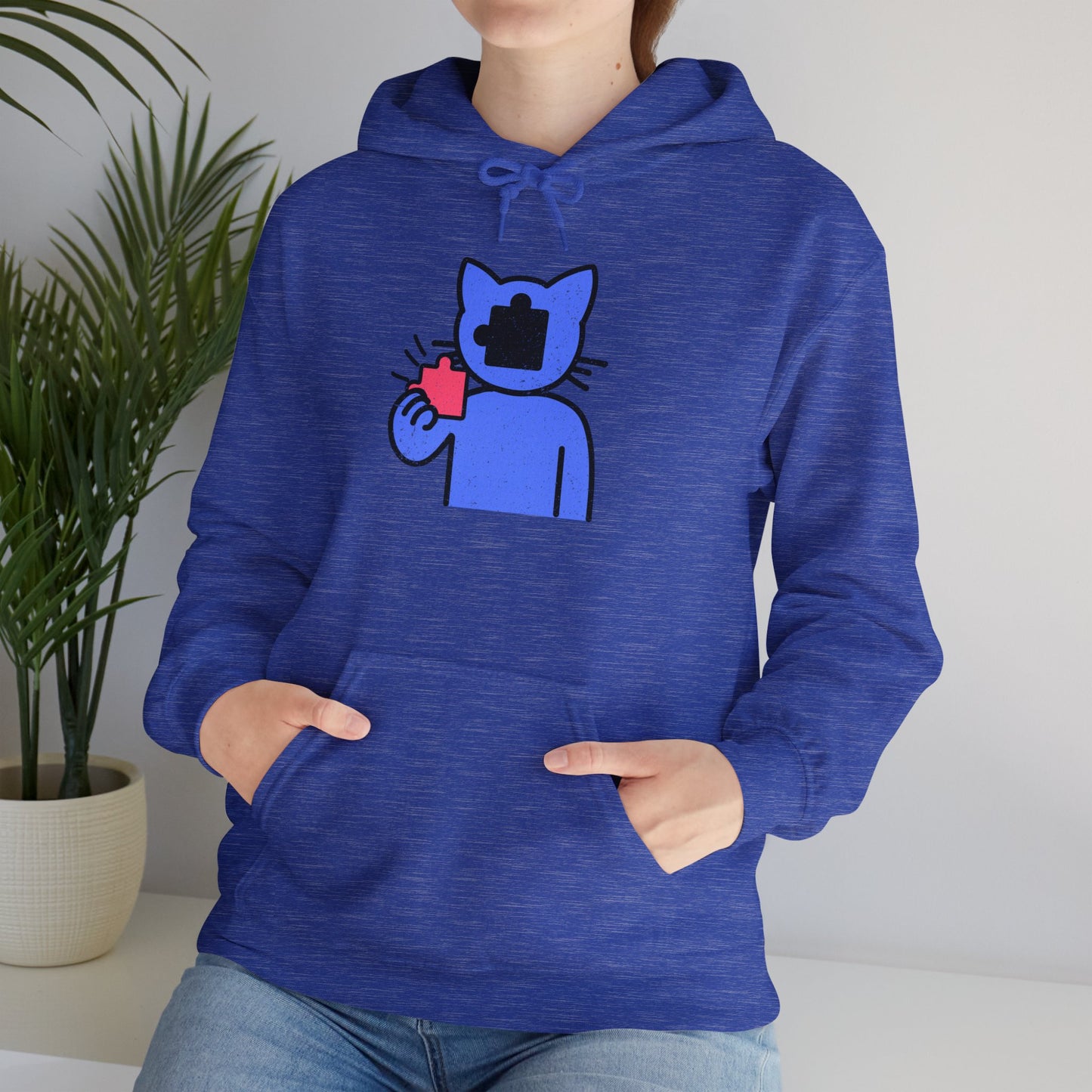 Cat Puzzle Piece Hoodie – Distressed Graphic Pullover – Cozy Unisex Hooded Sweatshirt for Puzzle Lovers