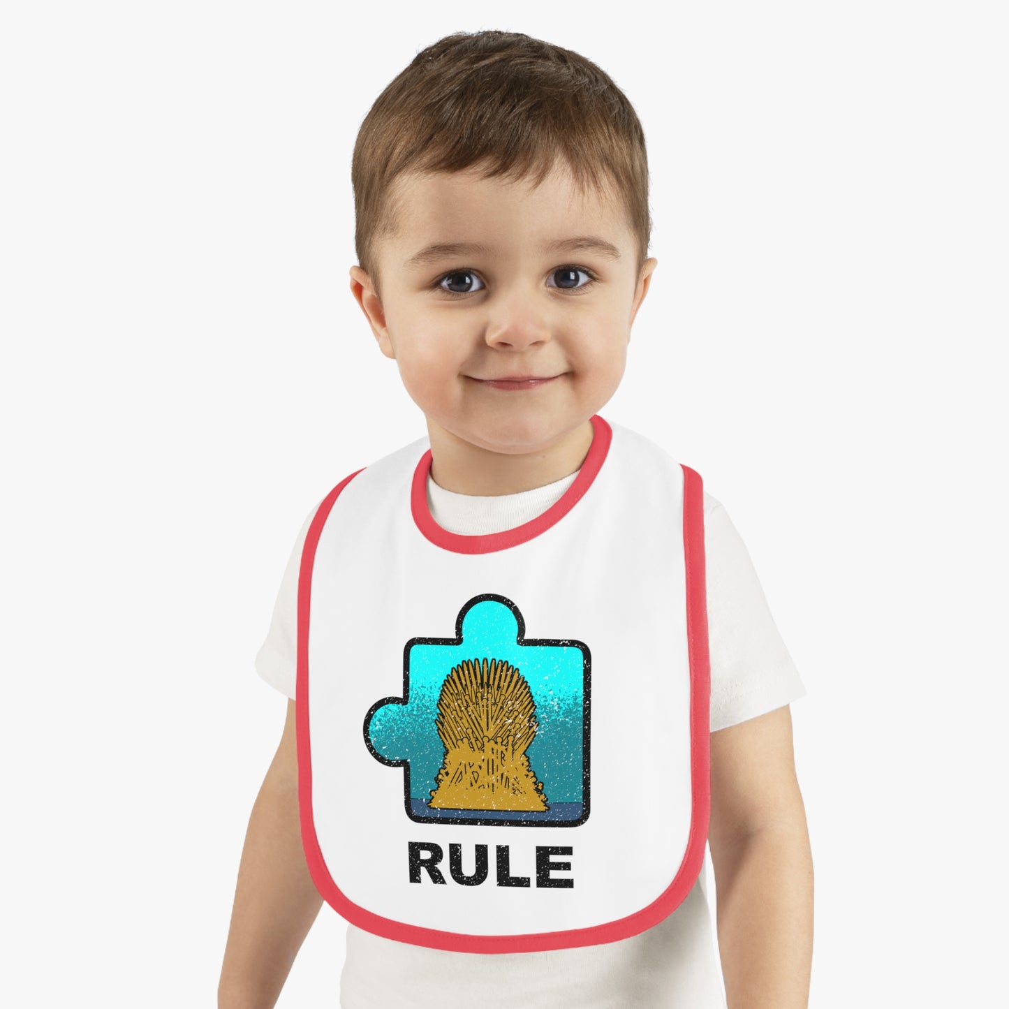 Rule Baby Bib – Puzzle Piece Design with Distressed Look – Soft Contrast Trim Jersey Bib