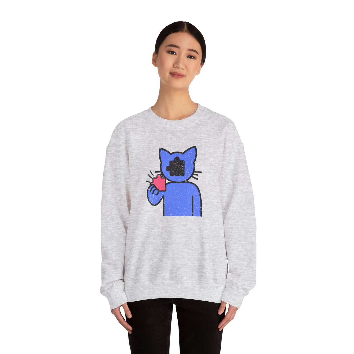 Cat Puzzle Piece Sweatshirt – Distressed Graphic Crewneck – Cozy Unisex Fleece for Life’s Puzzle Lovers