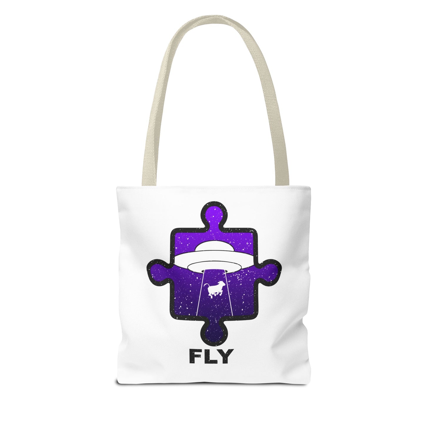 Distressed Tote Bag – Alien Puzzle Piece & Cow Abduction Design with ‘Fly’ Theme