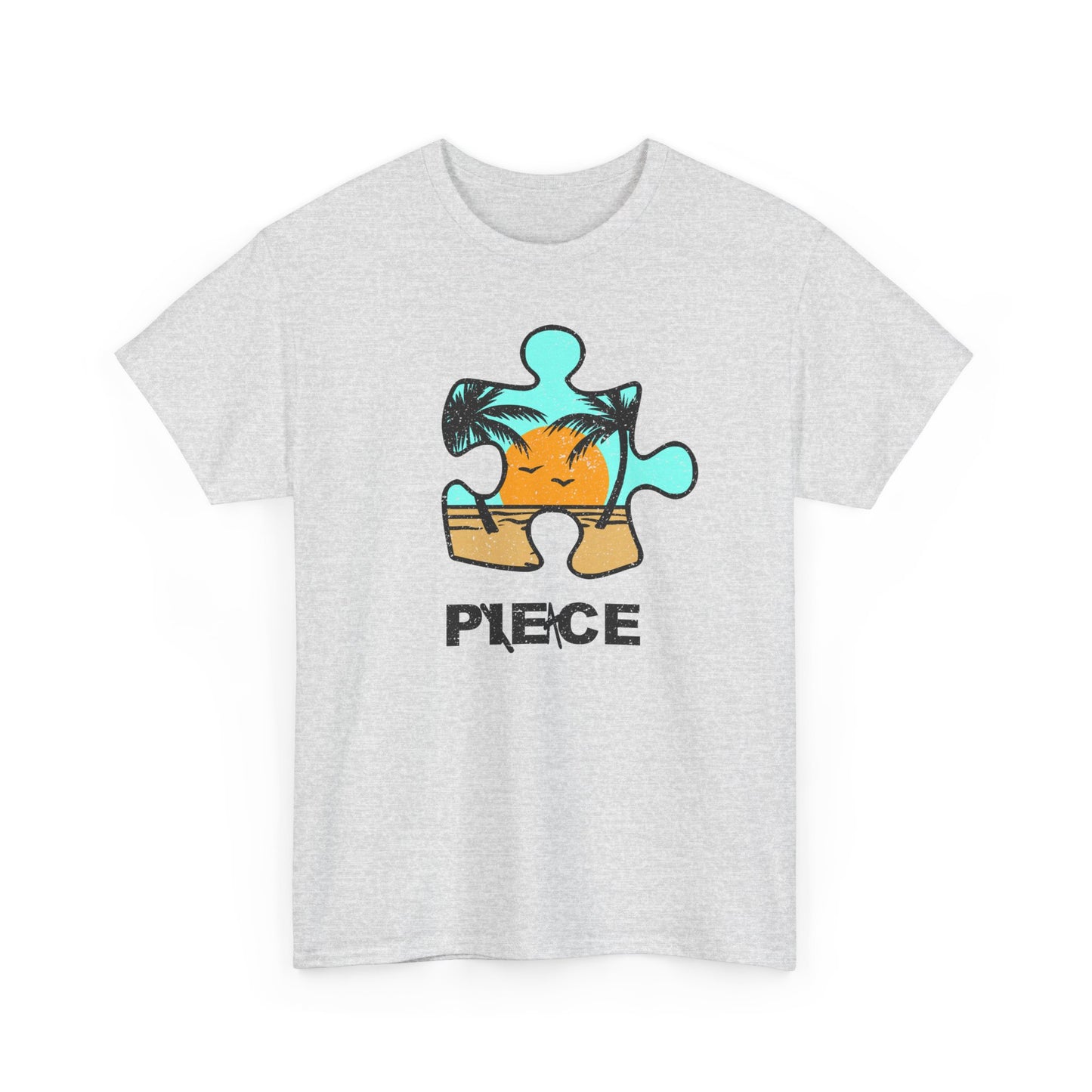 Peace Puzzle Piece T-Shirt – Distressed Beach Graphic Tee – Unisex Heavy Cotton Shirt for Tranquil Vibes
