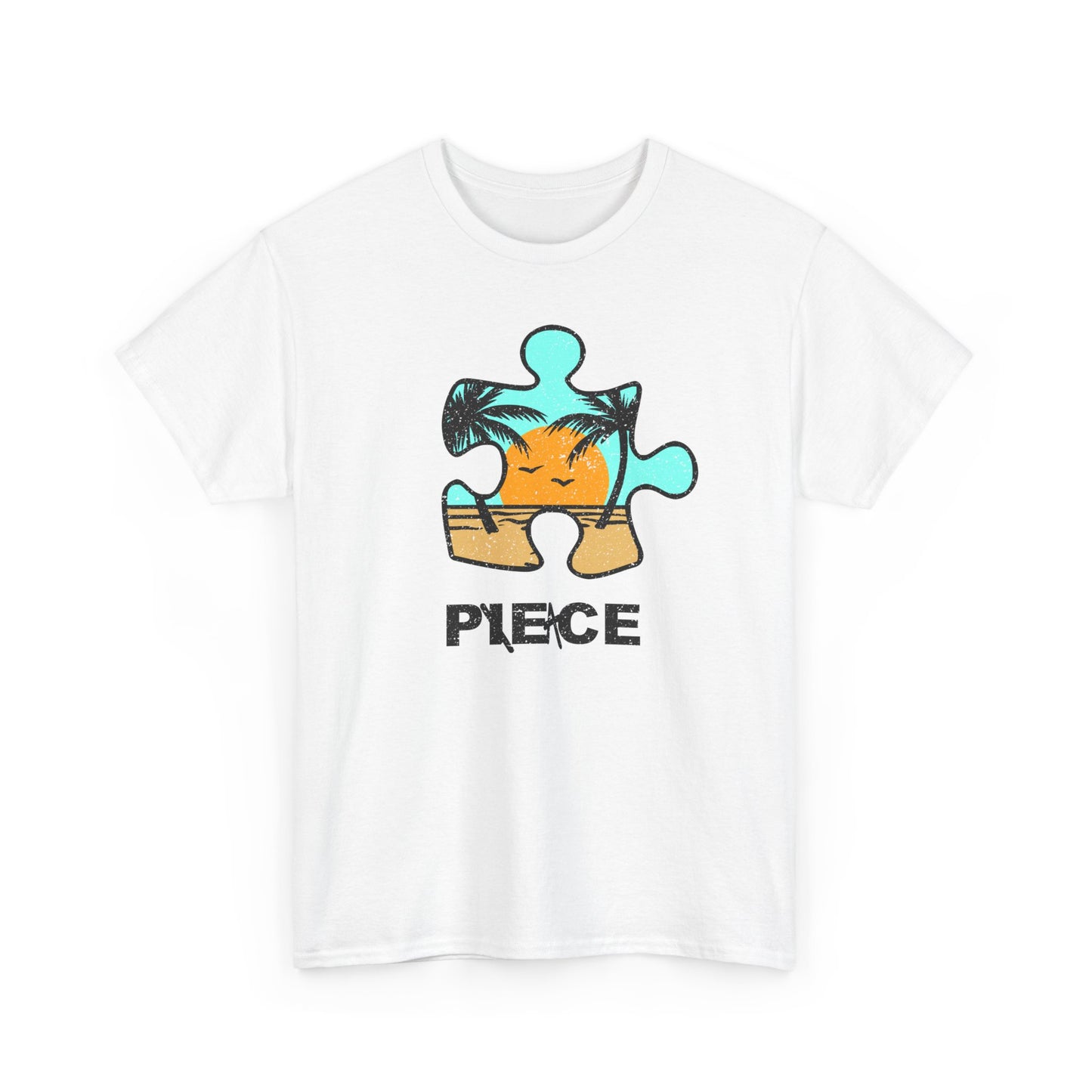 Peace Puzzle Piece T-Shirt – Distressed Beach Graphic Tee – Unisex Heavy Cotton Shirt for Tranquil Vibes