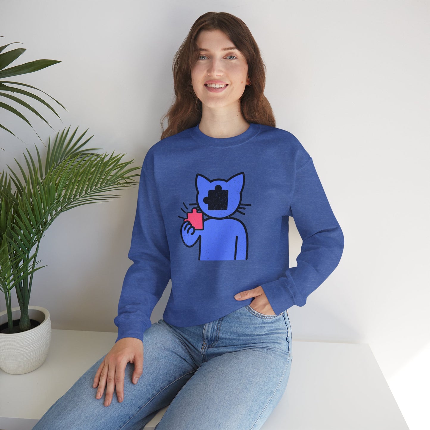 Cat Puzzle Piece Sweatshirt – Distressed Graphic Crewneck – Cozy Unisex Fleece for Life’s Puzzle Lovers