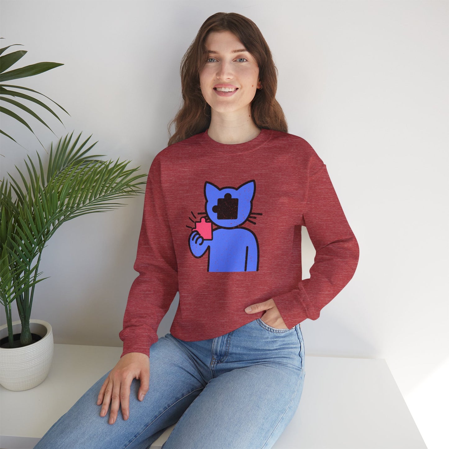 Cat Puzzle Piece Sweatshirt – Distressed Graphic Crewneck – Cozy Unisex Fleece for Life’s Puzzle Lovers