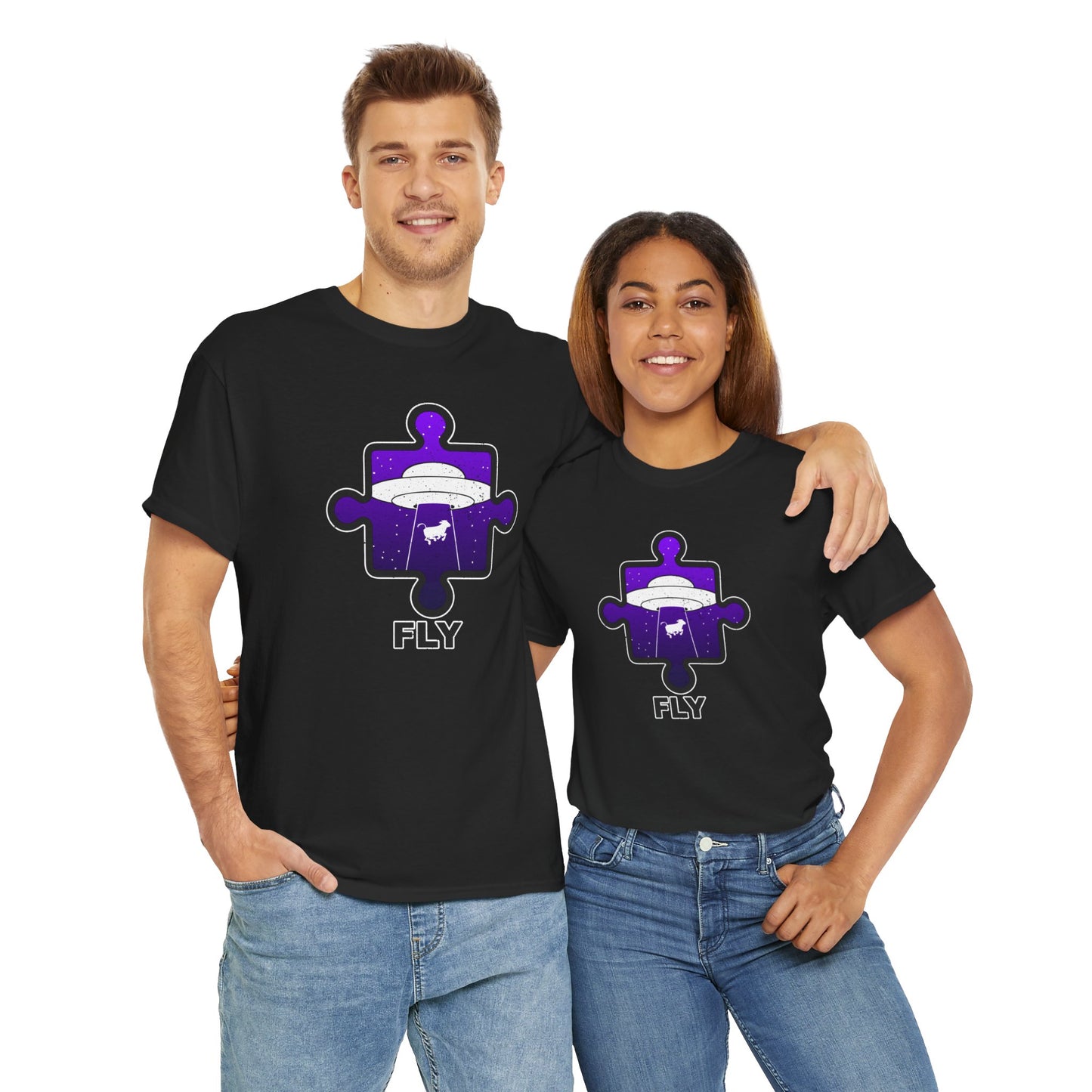 UFO Cow Abduction T-Shirt – ‘Fly’ Puzzle Piece Graphic Tee – Unisex Heavy Cotton Shirt Distressed Design