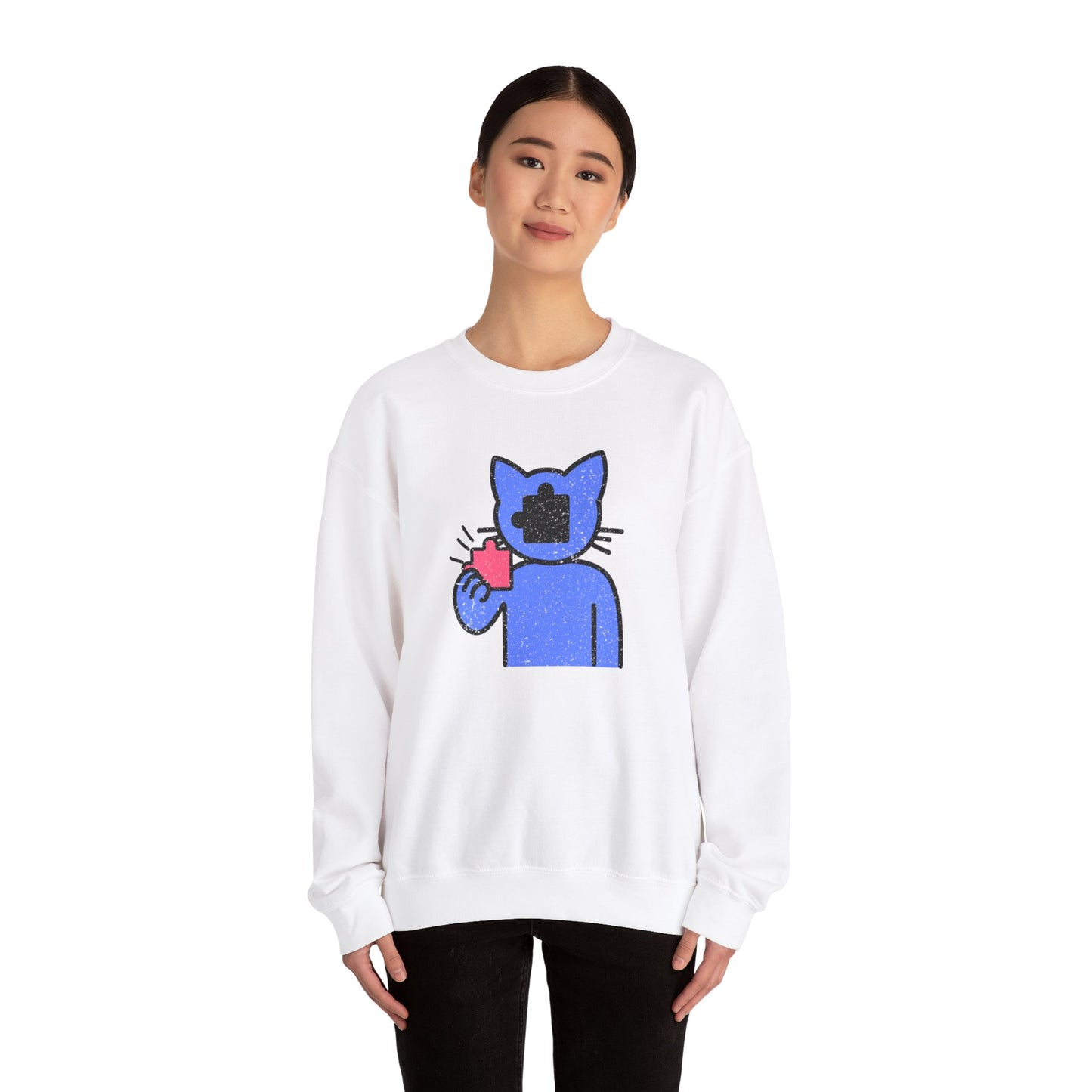 Cat Puzzle Piece Sweatshirt – Distressed Graphic Crewneck – Cozy Unisex Fleece for Life’s Puzzle Lovers