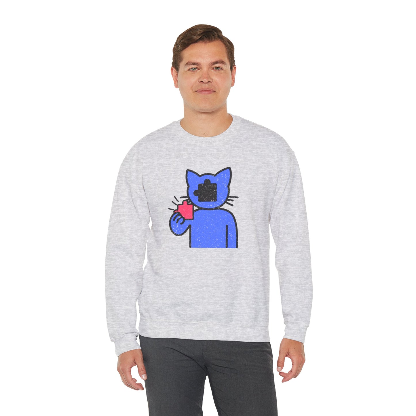 Cat Puzzle Piece Sweatshirt – Distressed Graphic Crewneck – Cozy Unisex Fleece for Life’s Puzzle Lovers