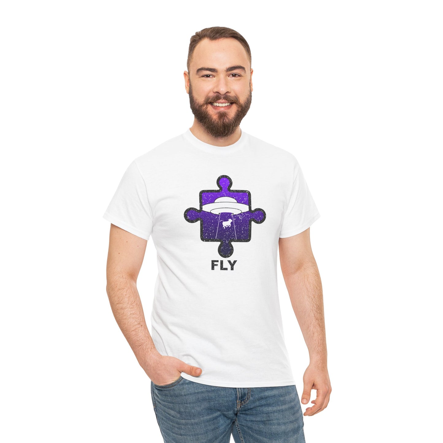 UFO Cow Abduction T-Shirt – ‘Fly’ Puzzle Piece Graphic Tee – Unisex Heavy Cotton Shirt Distressed Design