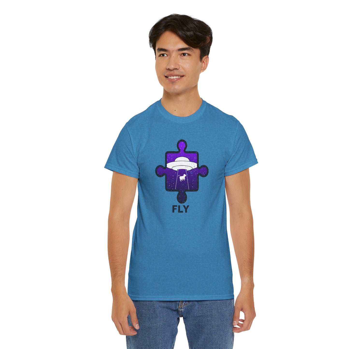 UFO Cow Abduction T-Shirt – ‘Fly’ Puzzle Piece Graphic Tee – Unisex Heavy Cotton Shirt Distressed Design