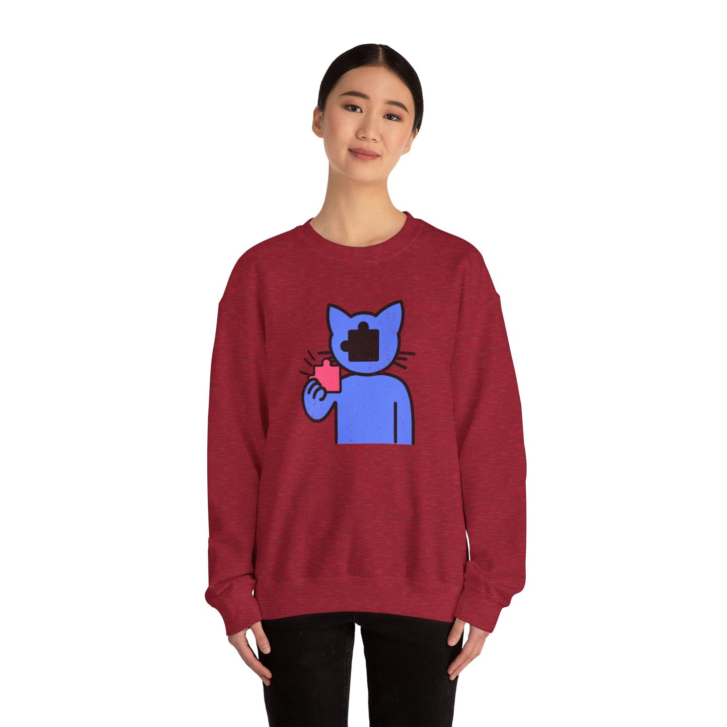 Cat Puzzle Piece Sweatshirt – Distressed Graphic Crewneck – Cozy Unisex Fleece for Life’s Puzzle Lovers