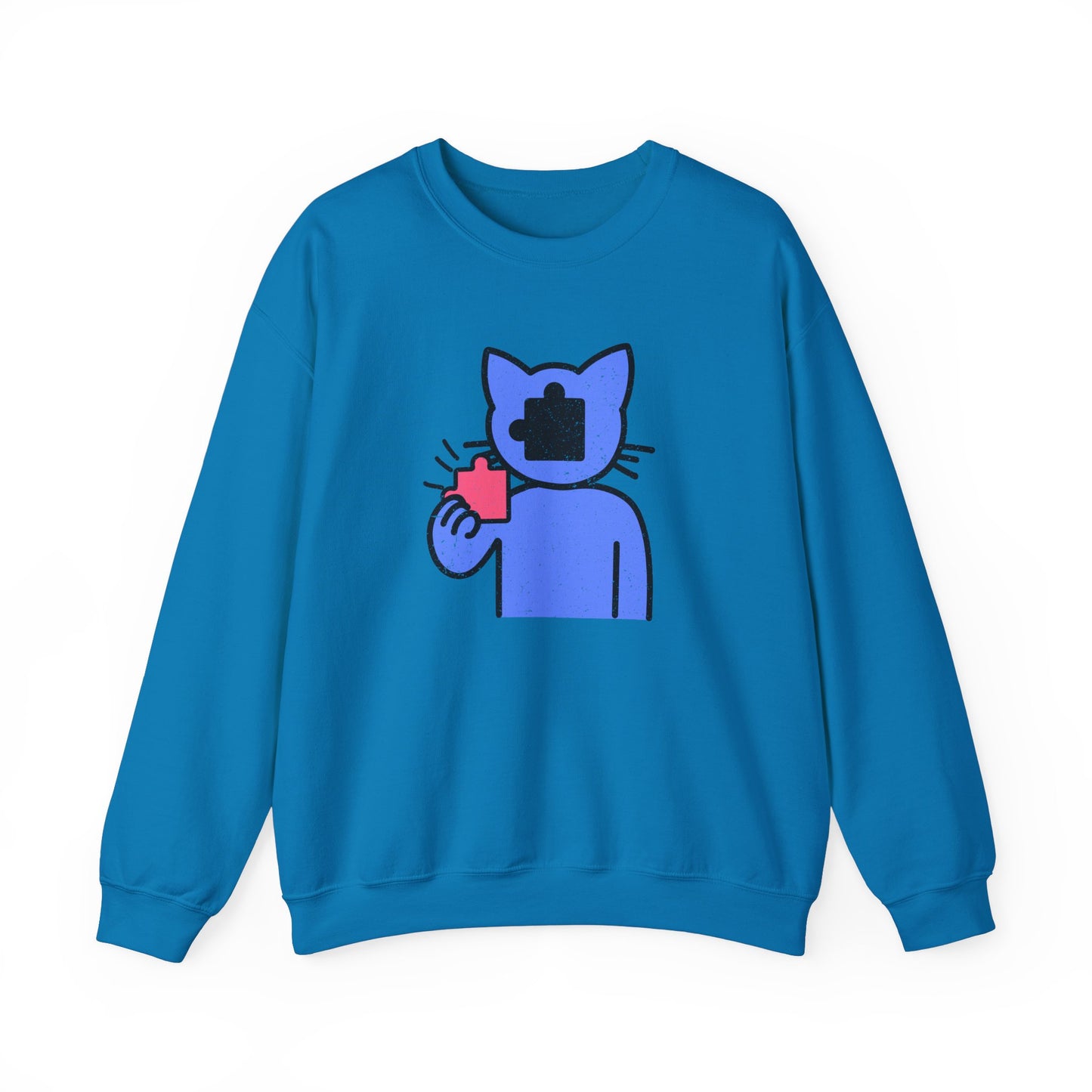 Cat Puzzle Piece Sweatshirt – Distressed Graphic Crewneck – Cozy Unisex Fleece for Life’s Puzzle Lovers