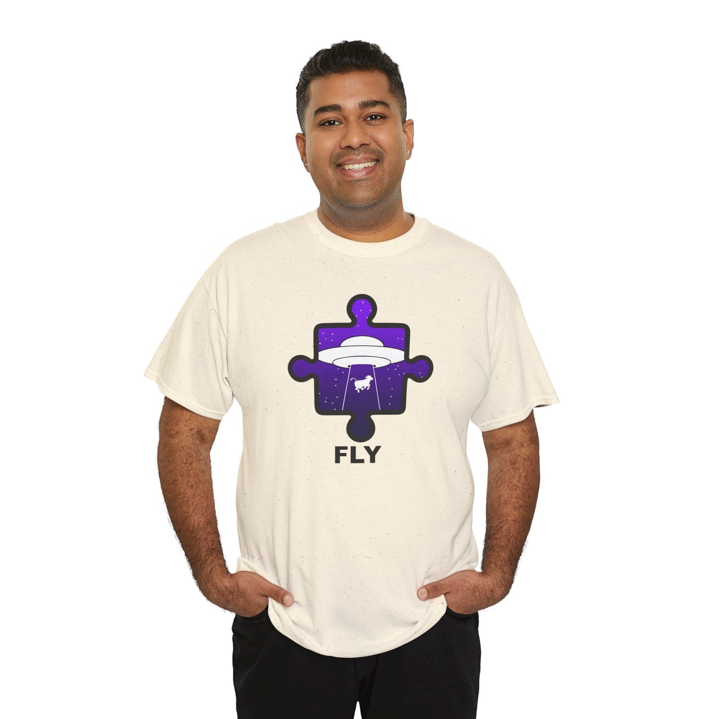 UFO Cow Abduction Puzzle Piece T-Shirt – ‘Fly’ Graphic Tee – Non-Distressed Design