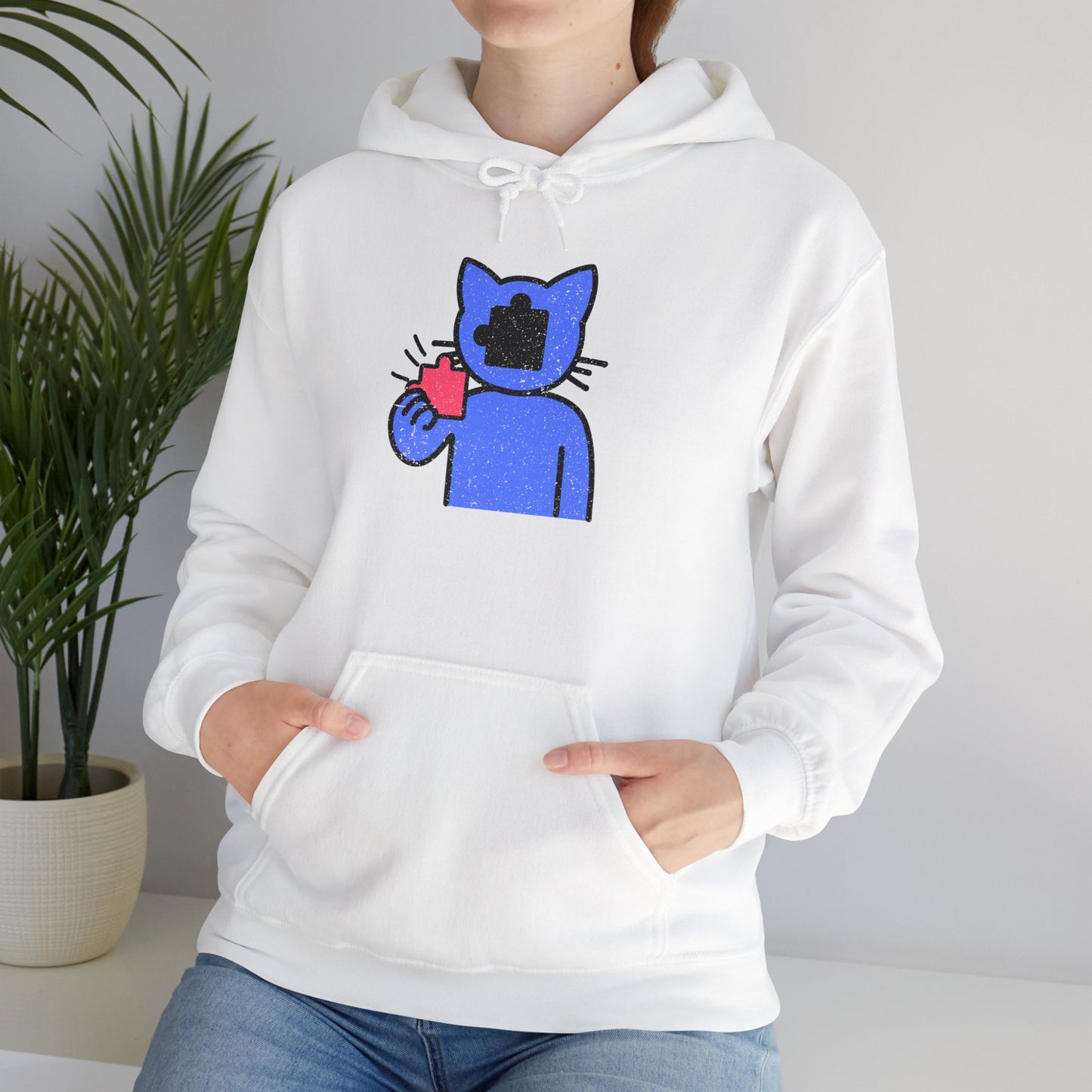 Cat Puzzle Piece Hoodie – Distressed Graphic Pullover – Cozy Unisex Hooded Sweatshirt for Puzzle Lovers