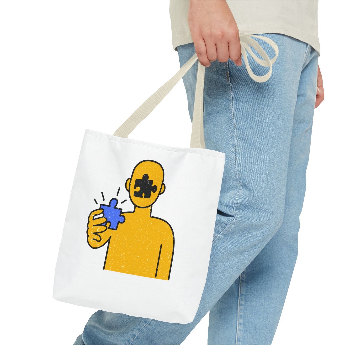 Distressed Tote Bag – Person & Beach Puzzle Piece Design with ‘Peace’ Theme