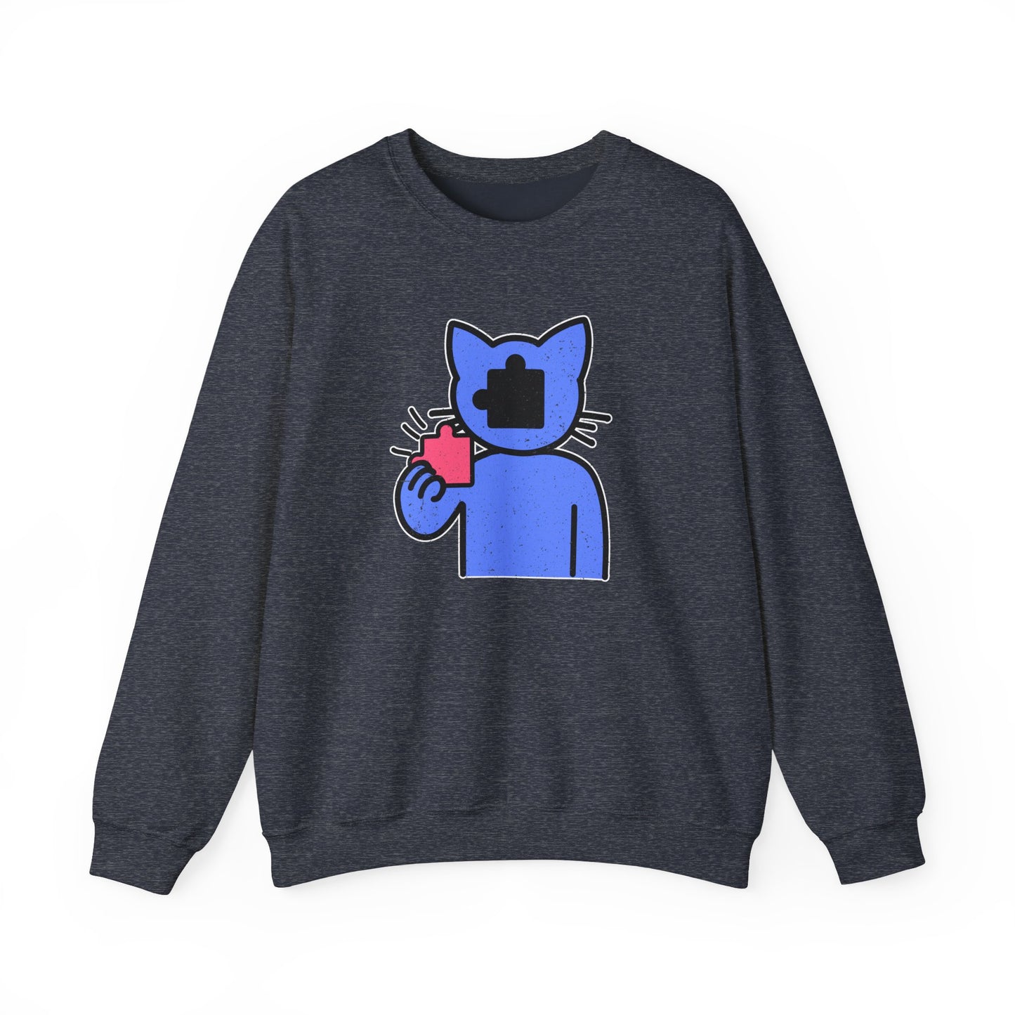 Cat Puzzle Piece Sweatshirt – Distressed Graphic Crewneck – Cozy Unisex Fleece for Life’s Puzzle Lovers