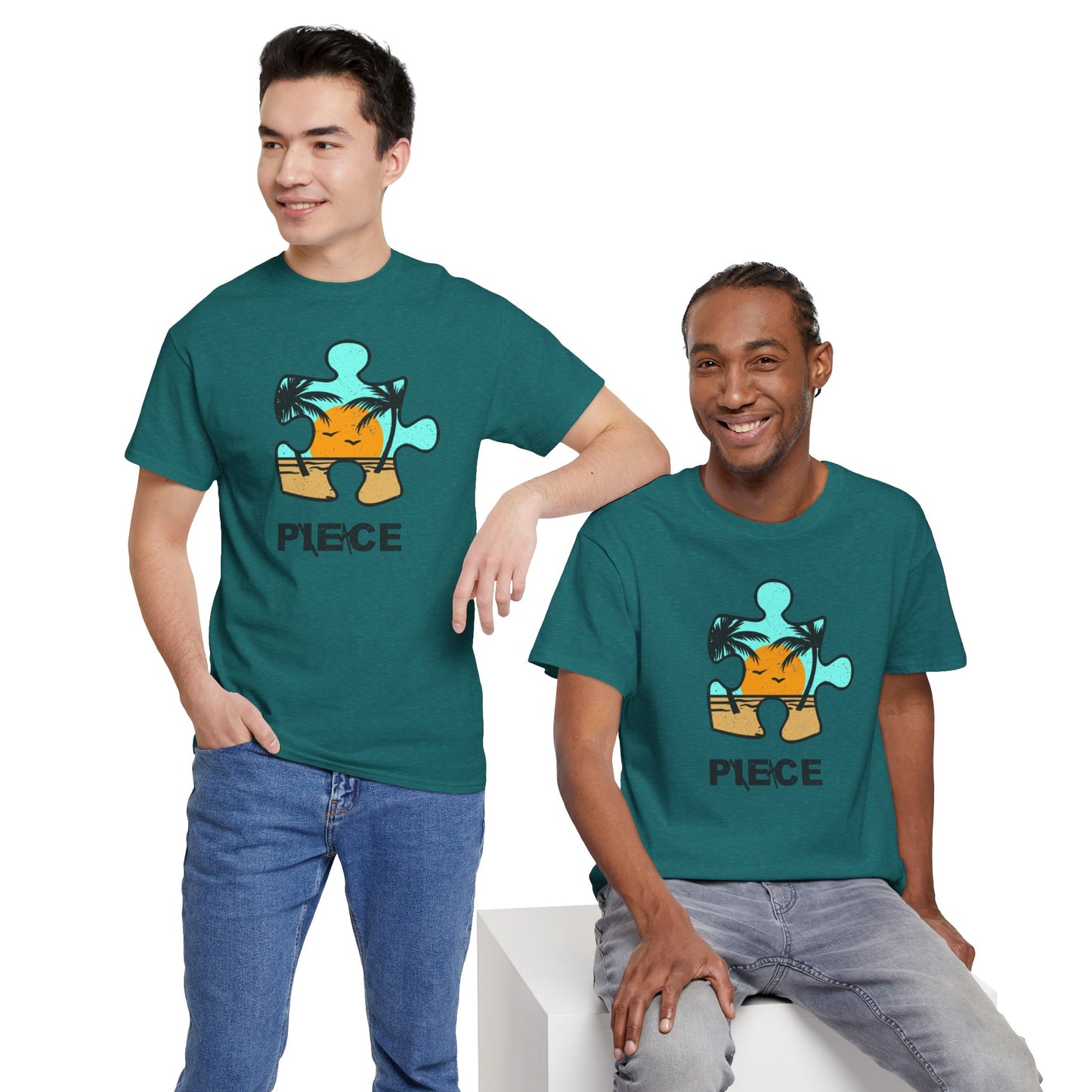 Peace Puzzle Piece T-Shirt – Distressed Beach Graphic Tee – Unisex Heavy Cotton Shirt for Tranquil Vibes