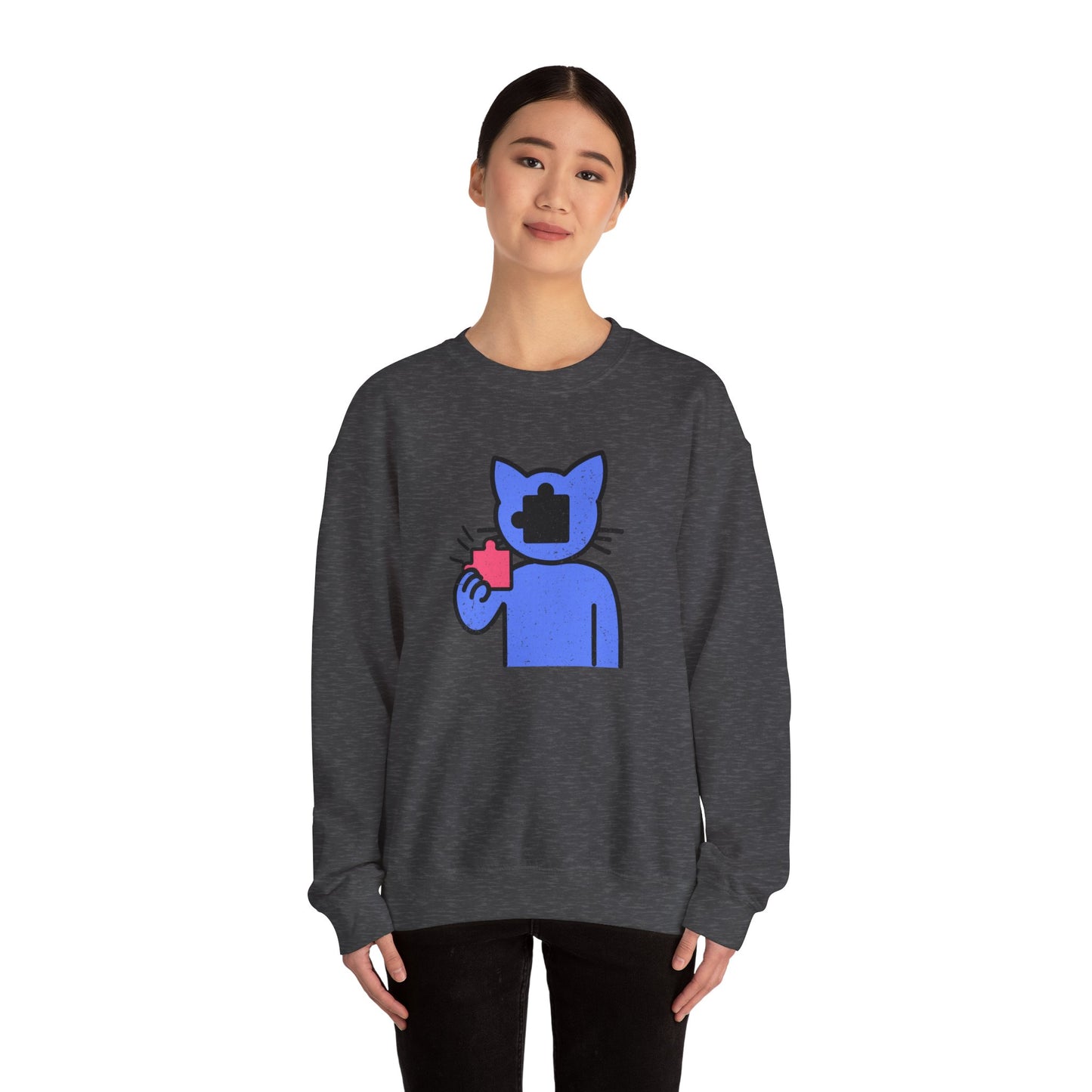 Cat Puzzle Piece Sweatshirt – Distressed Graphic Crewneck – Cozy Unisex Fleece for Life’s Puzzle Lovers