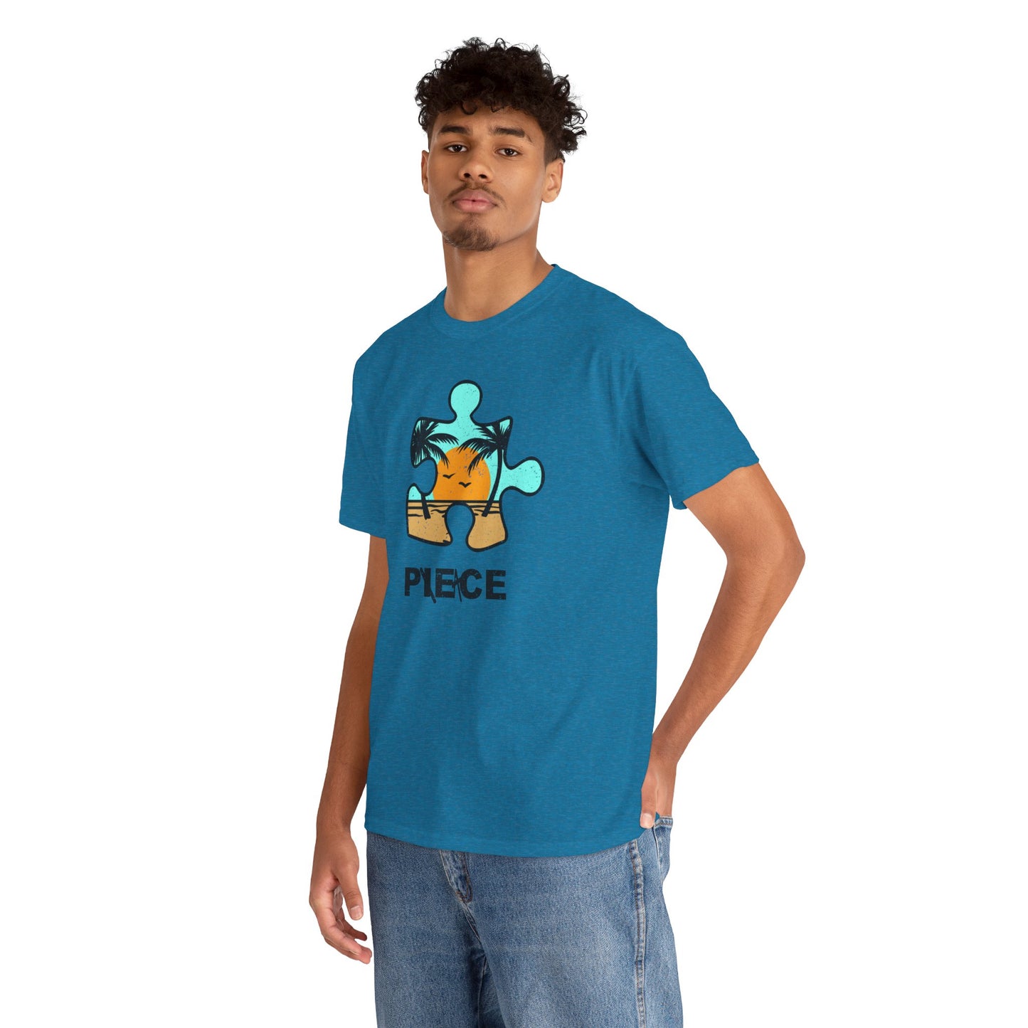 Peace Puzzle Piece T-Shirt – Distressed Beach Graphic Tee – Unisex Heavy Cotton Shirt for Tranquil Vibes