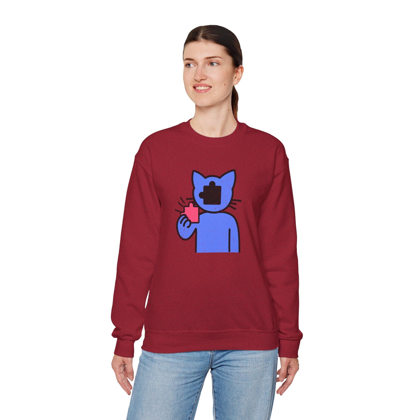 Cat Puzzle Piece Sweatshirt – Distressed Graphic Crewneck – Cozy Unisex Fleece for Life’s Puzzle Lovers